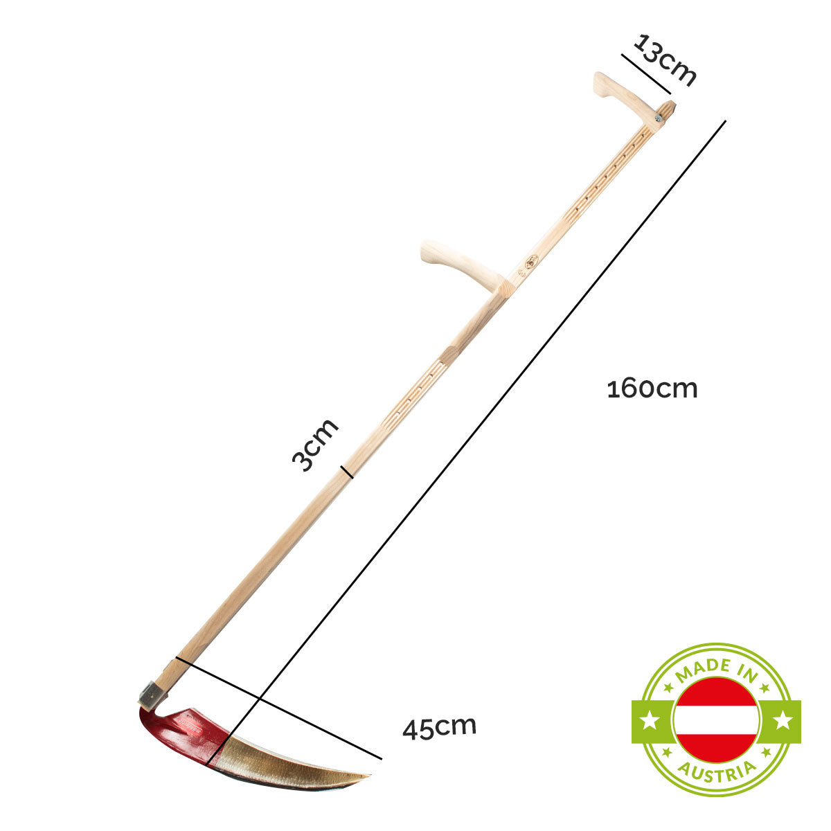 Set Streu-, Staudensense inkl. Dengelhammer und -Amboss - Sensenblatt 45 cm - Eschenholzwurf 160 cm