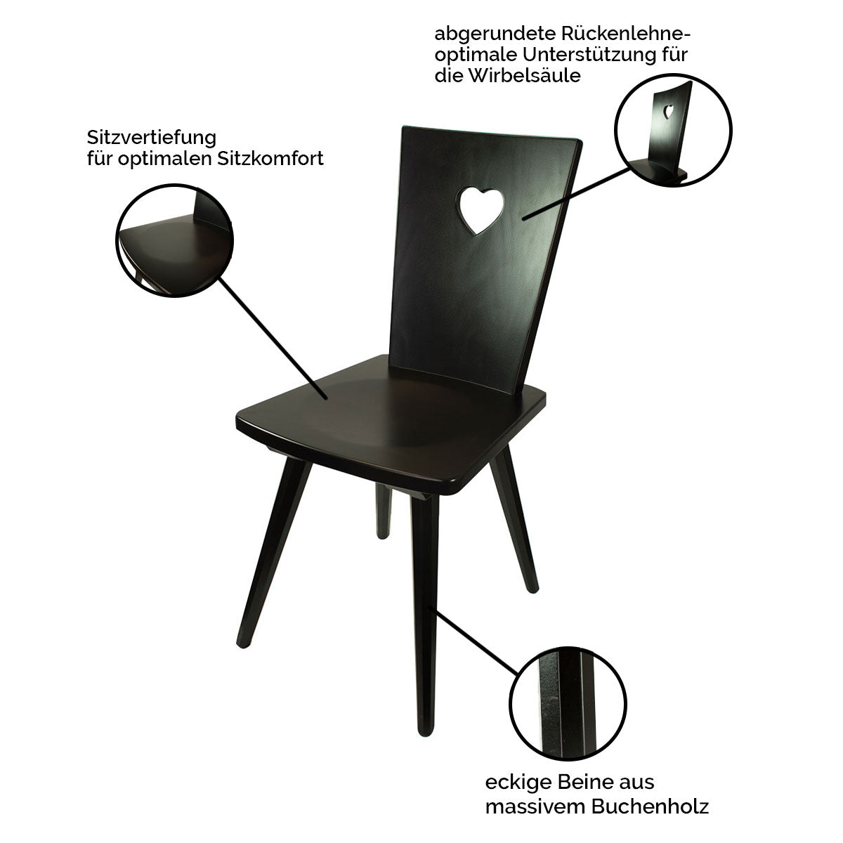Eleganter Stuhl 'Black or White' | Vollholz Buche | deckend lackiert | Griff herzförmig | in Schwarz oder Weiß erhältlich
