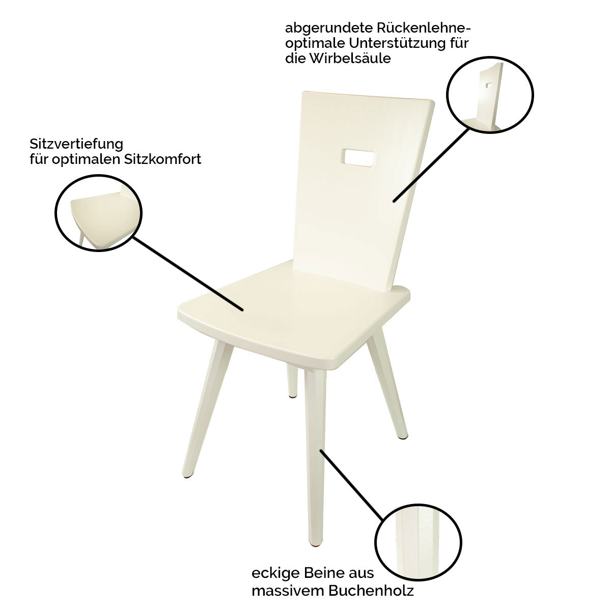 Eleganter Stuhl 'Black or White' | Vollholz Buche | deckend lackiert | Griff rechteckig | in Schwarz oder Weiß erhältlich