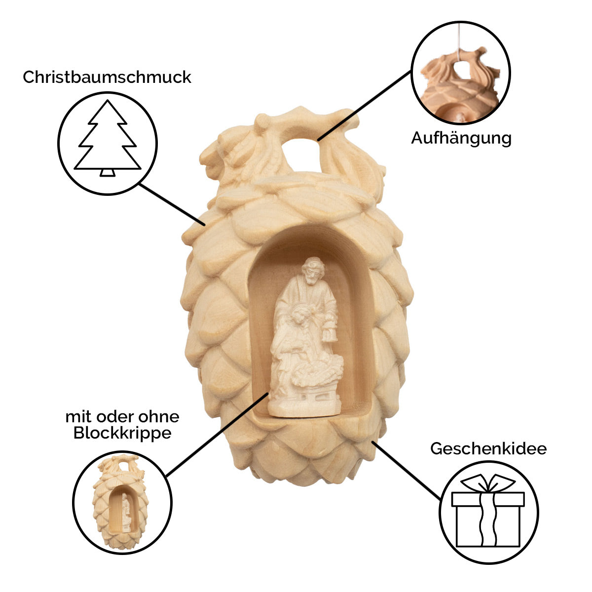 Zirbenzapfen mit Blockkrippe |  Weihnachtsschmuck  | Made in Südtirol