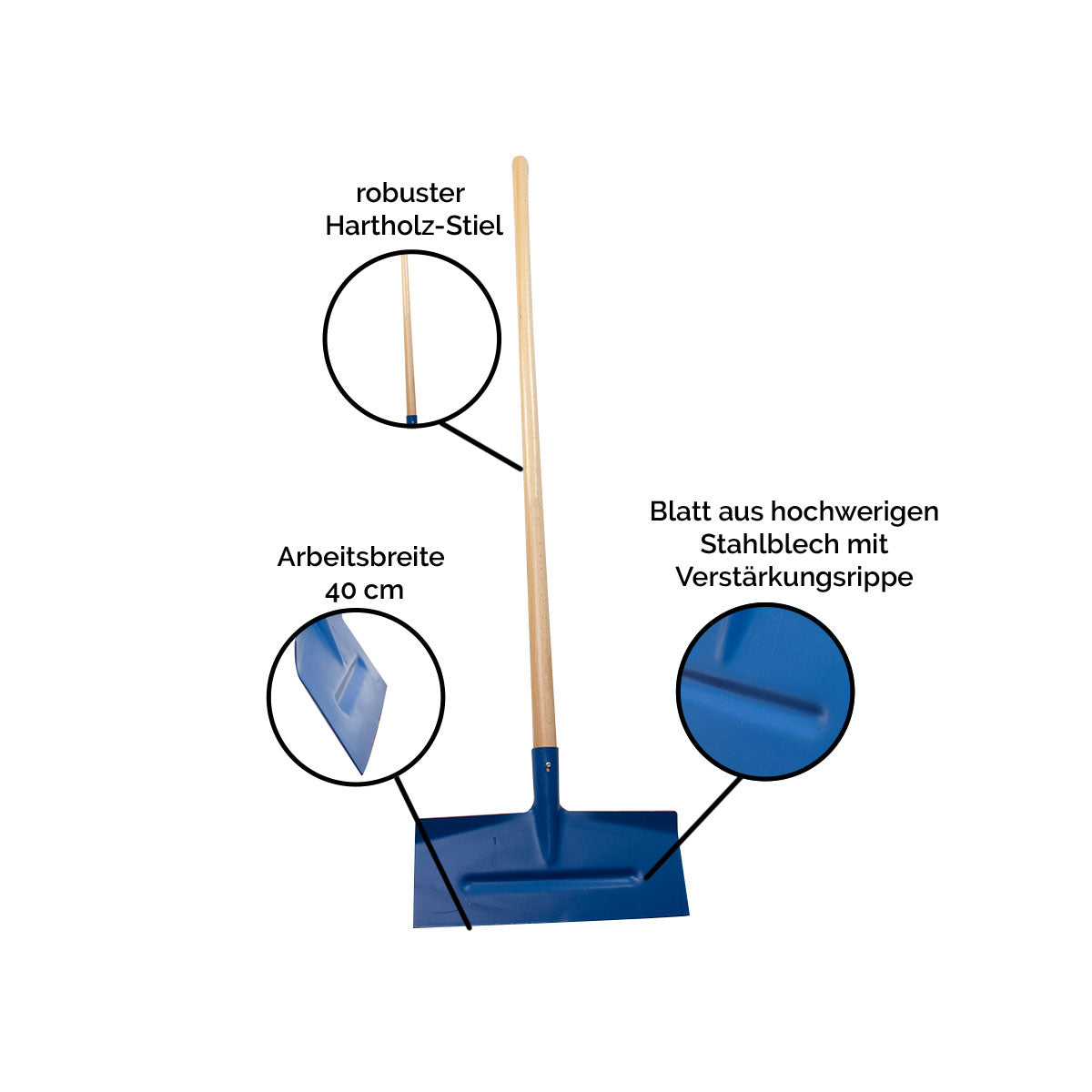Stahl-Schneeschieber / Schneescharre mit Holzstiel und Verstärkungsrippe | Blattbreite 40 cm | Made in Austria
