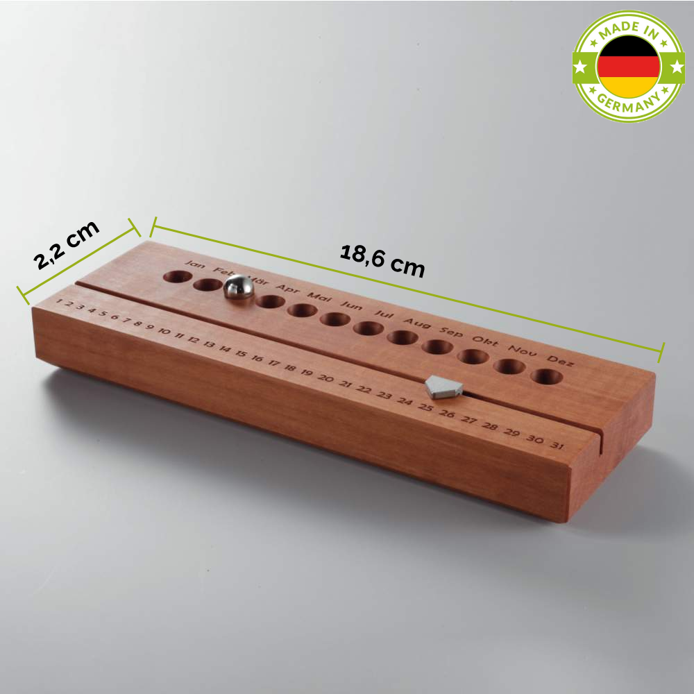 Hochwertiger Vollholz Kalender 'Classy' | verschiedene Holzarten | Tages- und Monatsanzeige | immerwährend ohne Jahresangabe | L 18,6 x B 6,2 x H 2,2 cm | Handgemacht in Deutschland