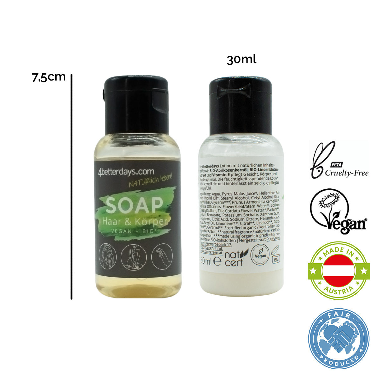 Gesamtkörper Pflege-Set Seife + Lotion | je 30 ml | 2-teilig | für Körper, Haar, Gesicht & Hand | Refill-Hautpflege | für Groß und Klein | für Bad und Beauty Bag | Made in Austria