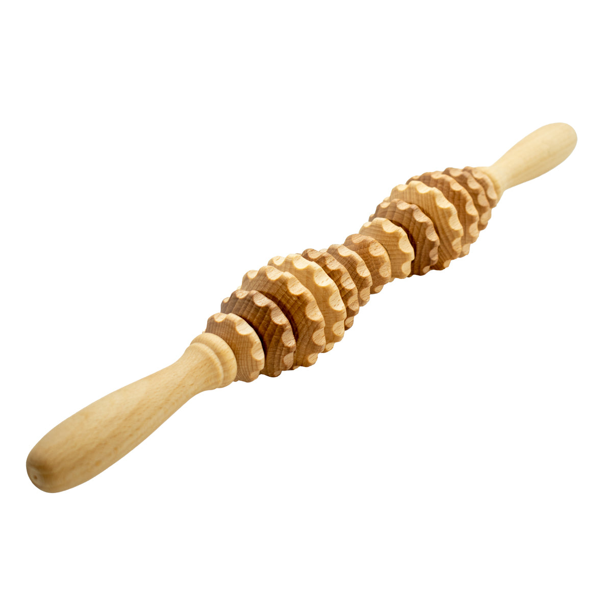 Sanduhrförmiger Massageroller Gr. L | Buche massiv | 2 Griffe | 13 Rollen in verschiedenen Durchmessern mit Kerben | Faszienrolle Massagegerät | Manufactured in Europa