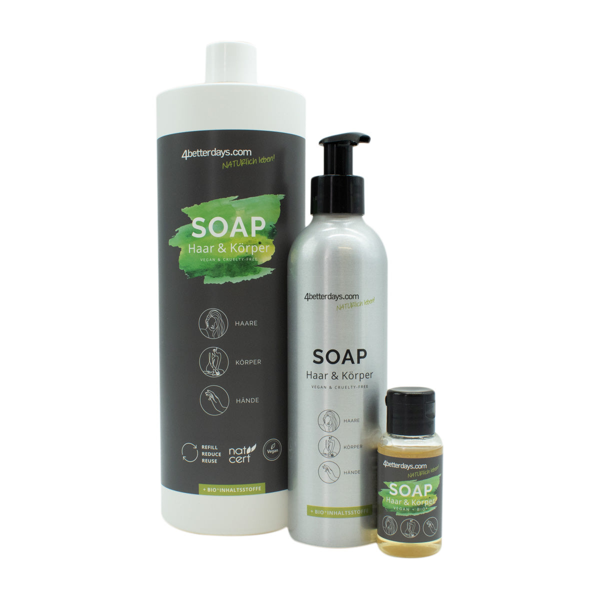 Pflege-Set Seifen | 30 ml + 250 ml + 1 L | 3-teilig | für Körper, Haar & Hand | Pure Green