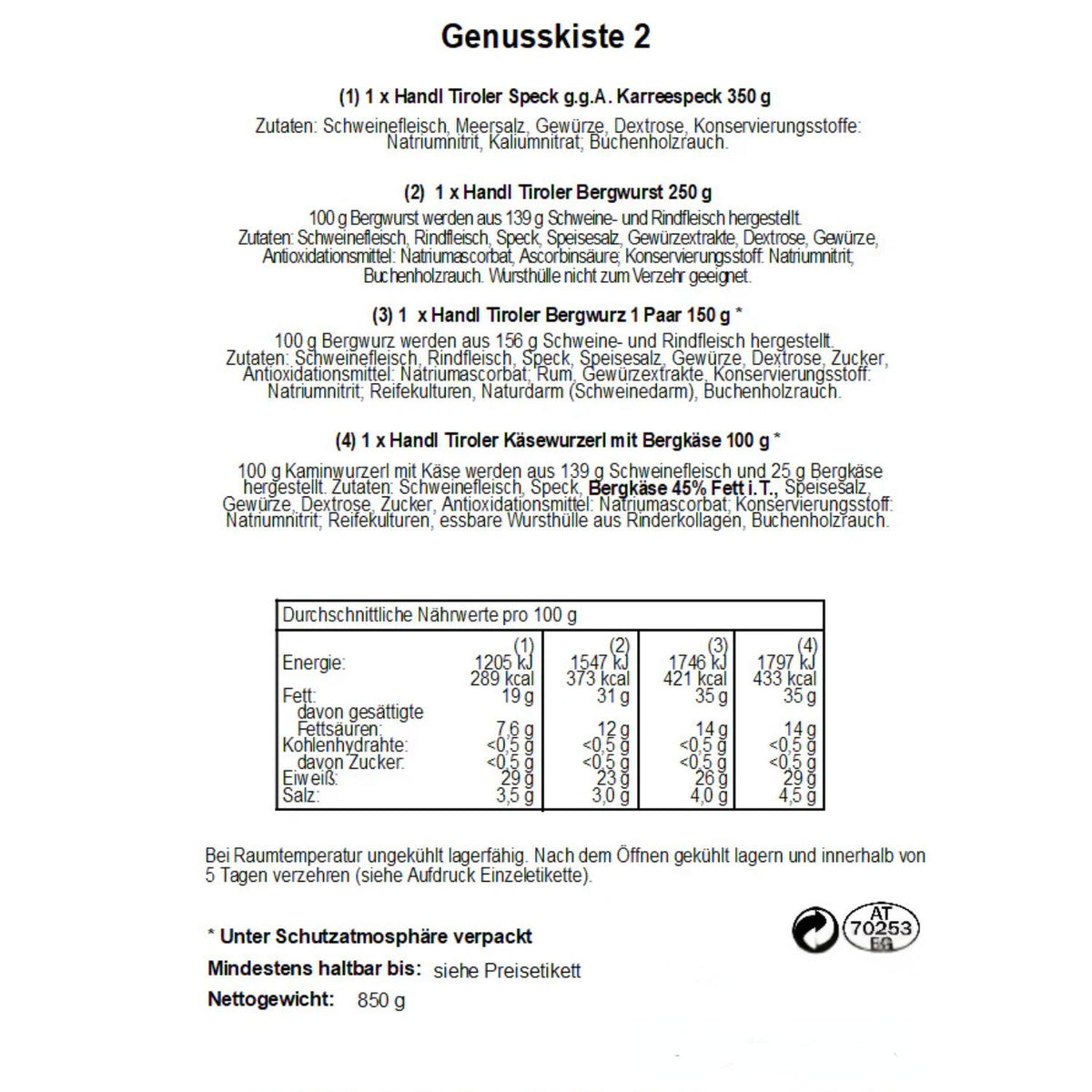 Genusskiste 'Koriander' | Speck, Würste | 850 g | Holzkiste