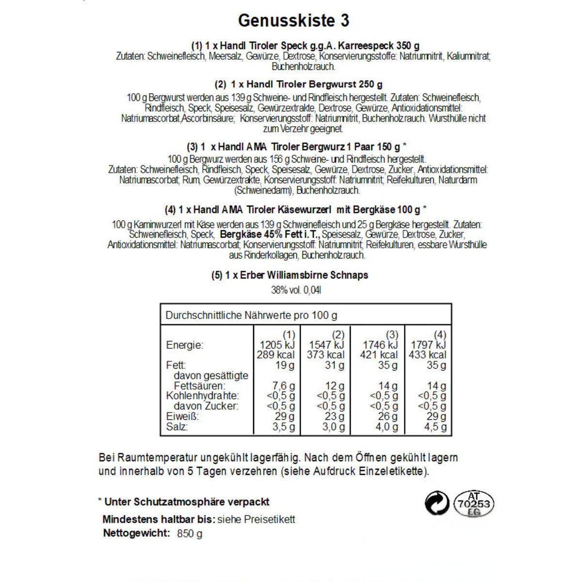Genusskiste 'Piment' | Speck, Würste, Schnaps | 850 g + 0,04 l | Holzkiste