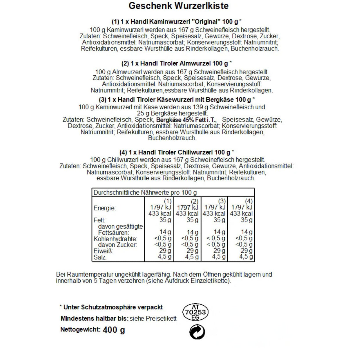 Wurzerlkiste | 4 Würste | 400 g | Holzkiste