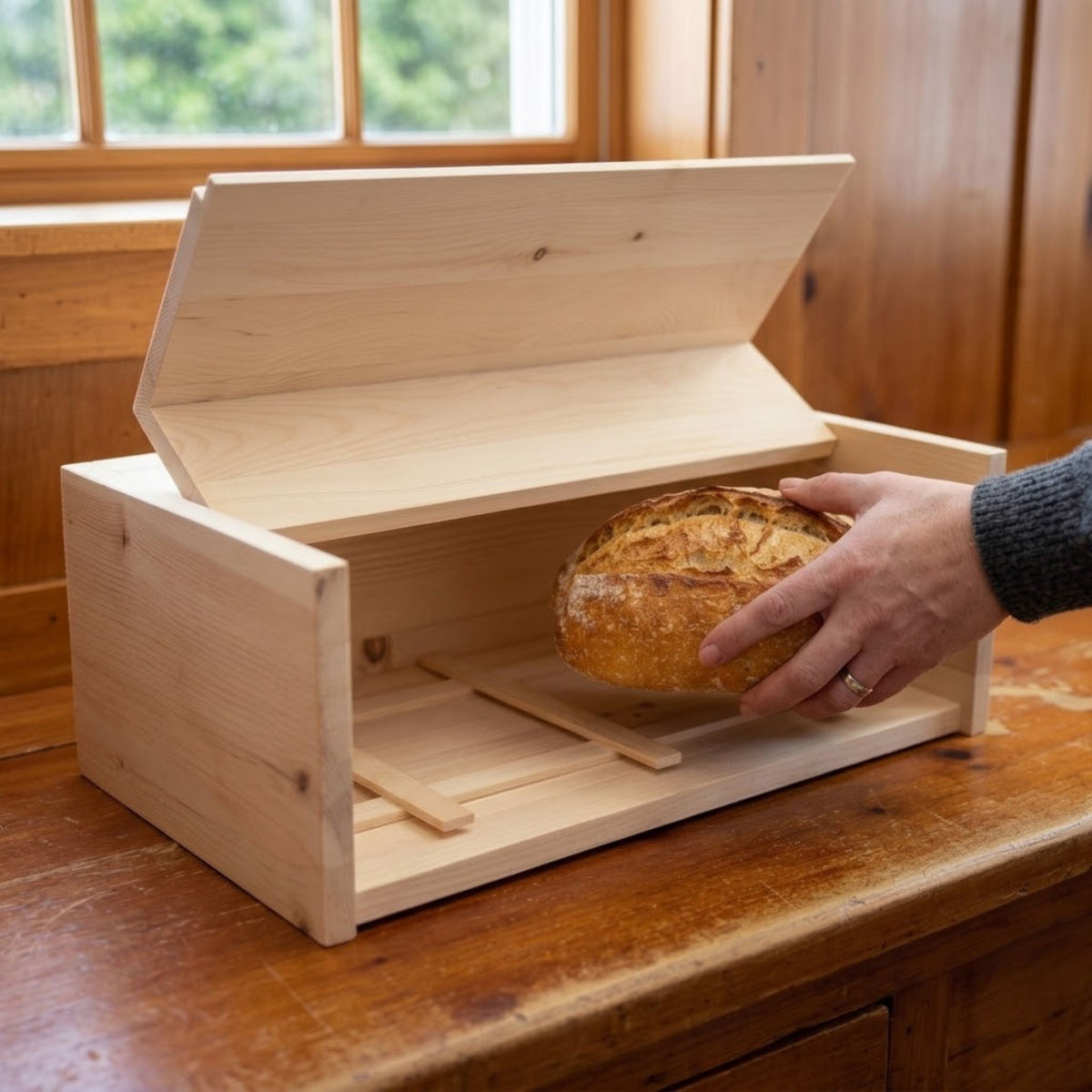 Brotkasten mit Klappe | inkl. Zirbenholz-Gitter | L 45 x B 16 x H 25 cm | 100% Zirbenholz