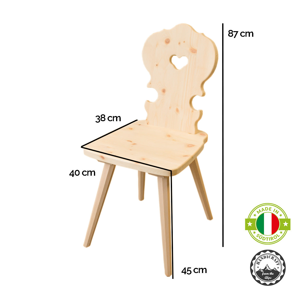 Bauernstuhl 'Urtyp' | Zirbenholz | B 40 x T 38 x H 87 cm | Beine aus Buche | Handwerk aus Südtirol