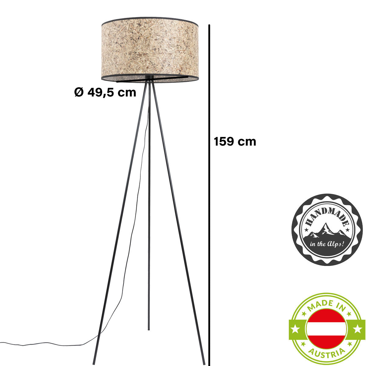 Stehleuchte Heu und Dreibein | Holz schwarz lasiert | konisch oder zylindrisch | Fassung E27 | max. 60 Watt | Fußschaltung | Handarbeit aus Österreich