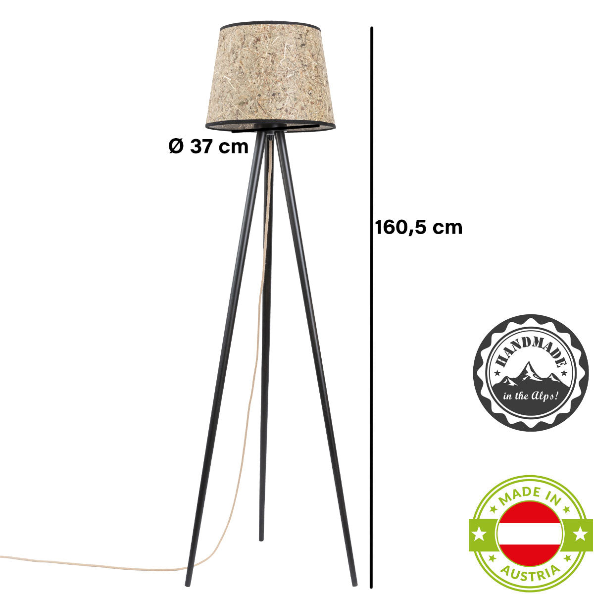 Stehleuchte Heu und Dreibein | Holz schwarz lasiert | konisch oder zylindrisch | Fassung E27 | max. 60 Watt | Fußschaltung | Handarbeit aus Österreich