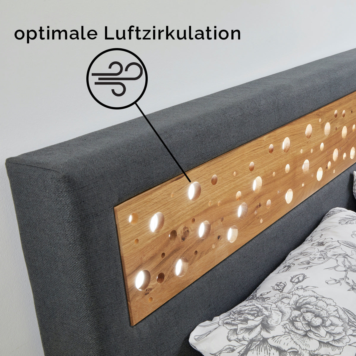 Massivholzbett 'Duftoase' in Boxspring Optik | Kopfteil mit Duftkammern und Stoff | in verschiedenen Ausführungen