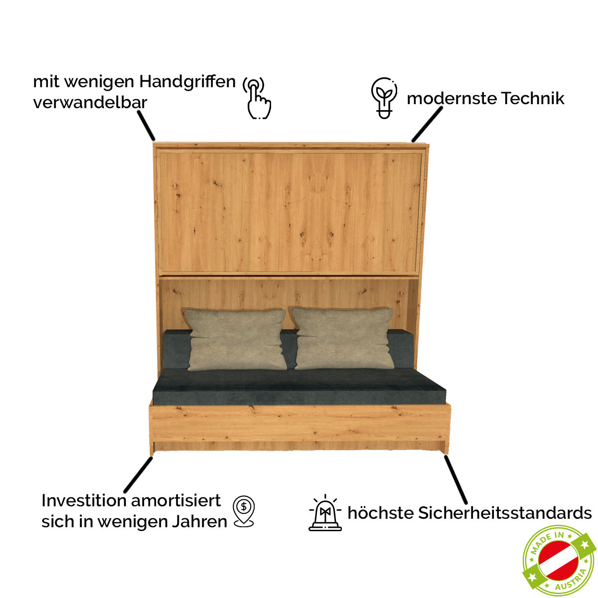 Gastro & Hotel - Multifunktionales Klappbett | Schrankbett | Stockbett Plano Cube | Sofa und Zusatzbett | inkl. Matratzen | robustes Design | TÜV geprüft | Made in Austria