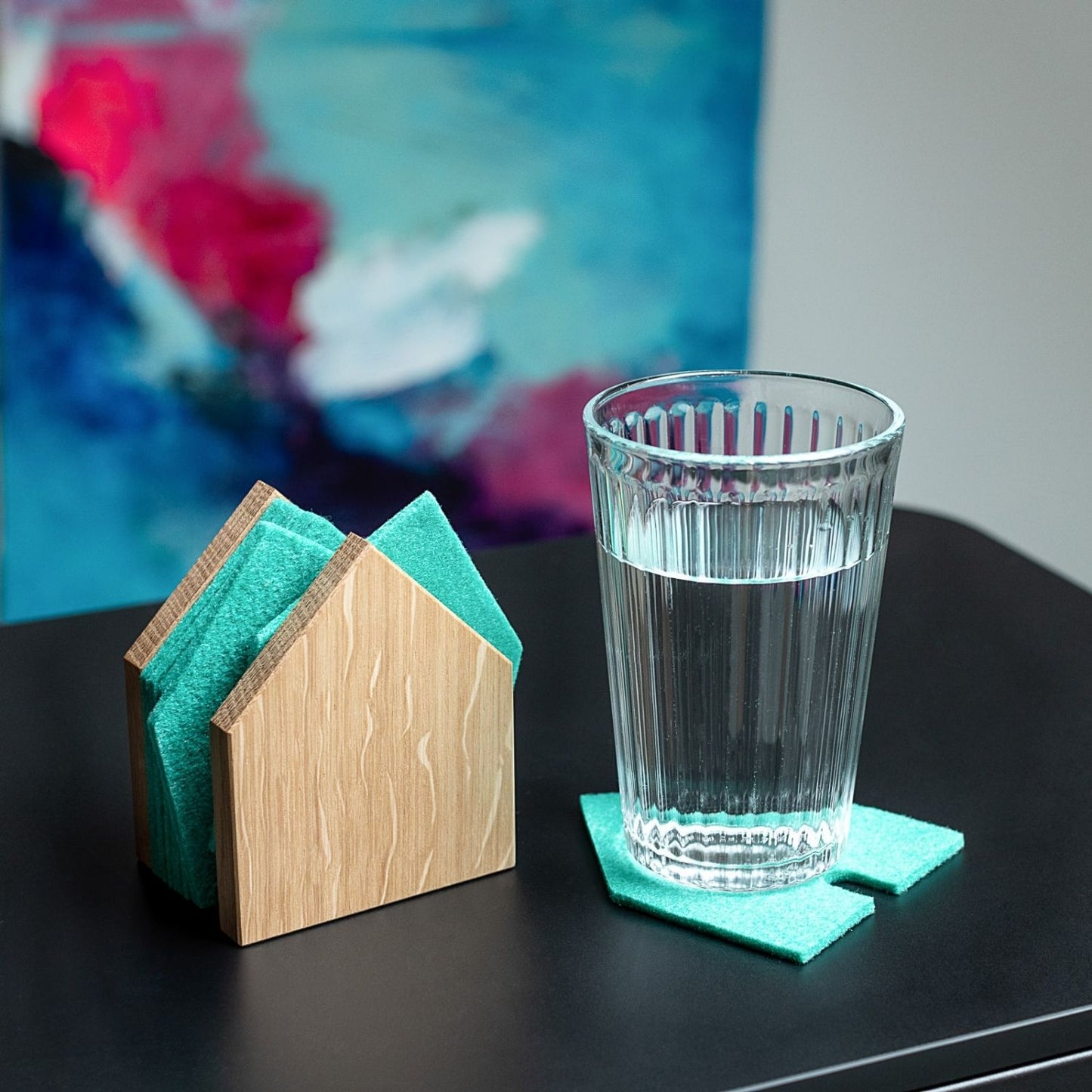 Glasuntersetzer 'Gasthaus' | 8 Stück | Eiche, recycelter PET-Filz | B 7 x T 9 x H 11,5 cm | in verschiedenen Farben | Made in Germany