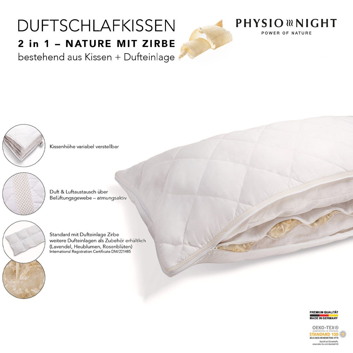 Physionight Duftschlafkissen 2 in 1 mit natürlicher Dufteinlage Zirbe und Schurwolle | 40 x 80 cm  | Baumwollüberzug |Weitere Dufteinlagen optional | waschbar