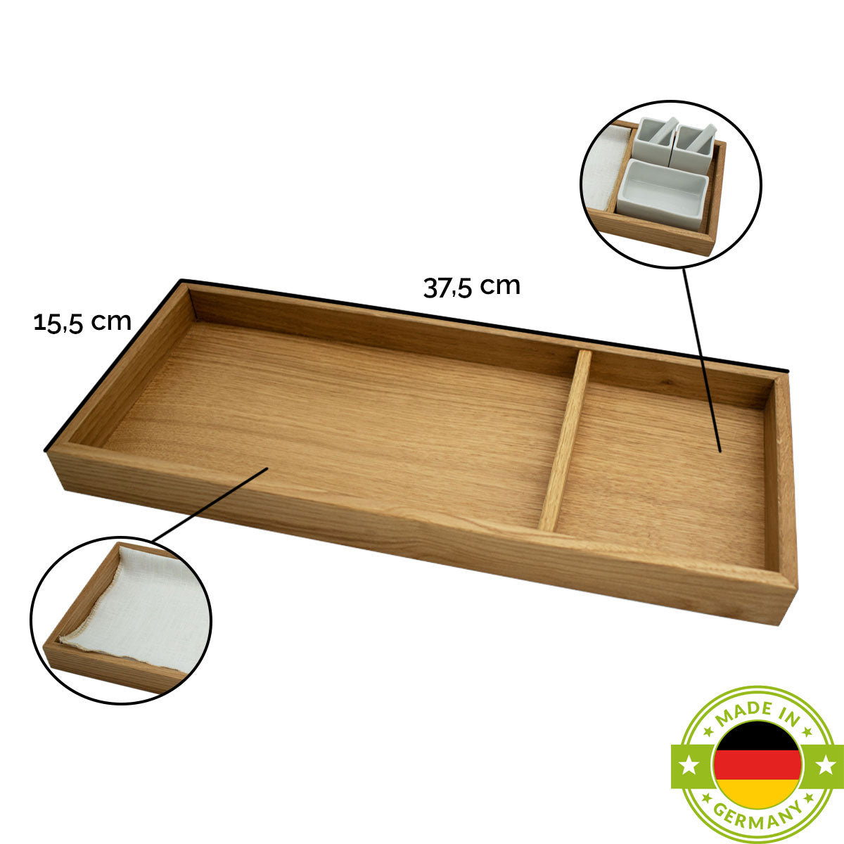 Porzellanschalen Set mit Tableau aus Eiche in verschiedenen Farbtönen für den Tisch | 3 x Gefäße, 2 x Löffel, 1 x Tuch und 1 x Tableau | Made in Germany