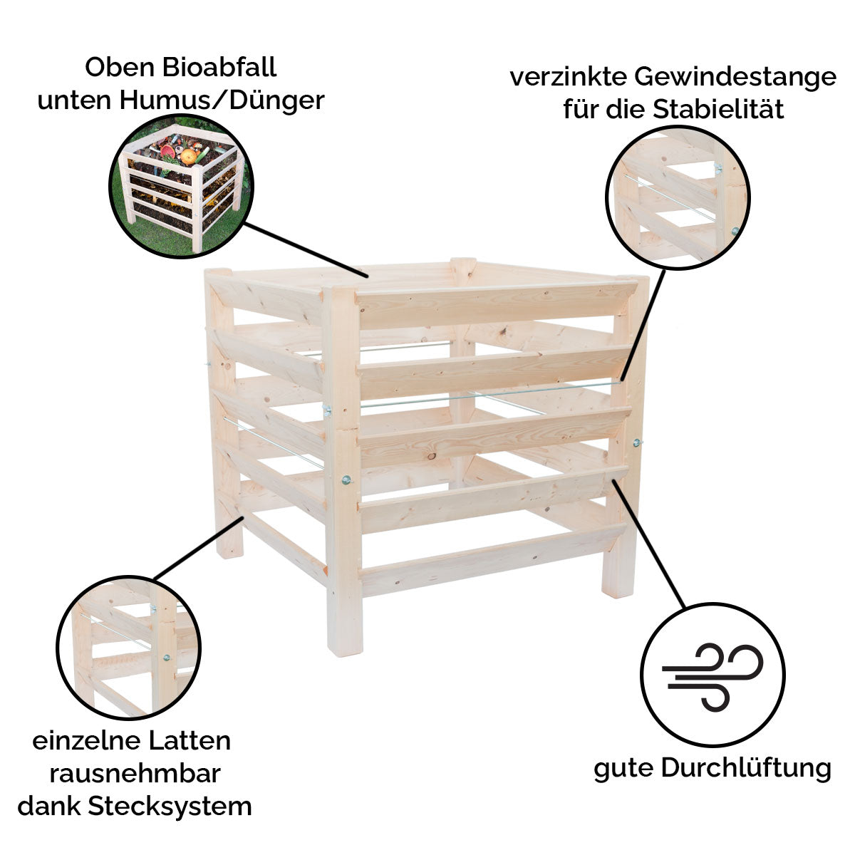 Holzkomposter 'Zero Waste' | massive Fichte | Stecksystem | L 98,5 x B 98,5 x H 95 cm | flexibel und stabil | Made in Germany