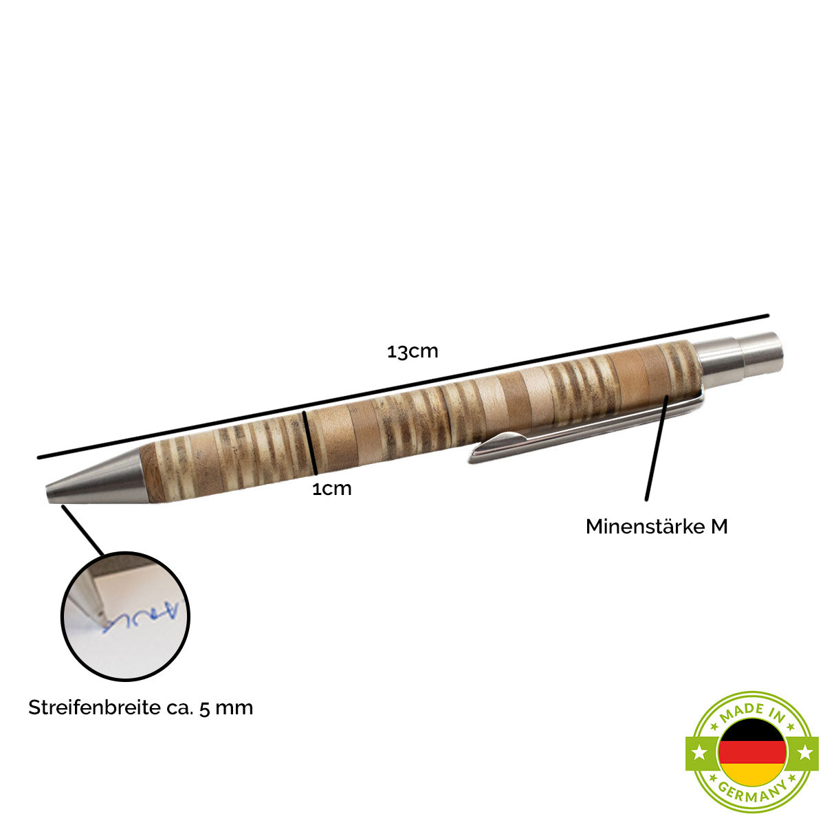 Unverwechselbarer Kugelschreiber 'Patchwork' aus verschiedensten Holzstücken im Streifenlook mit hochwertige Hülle