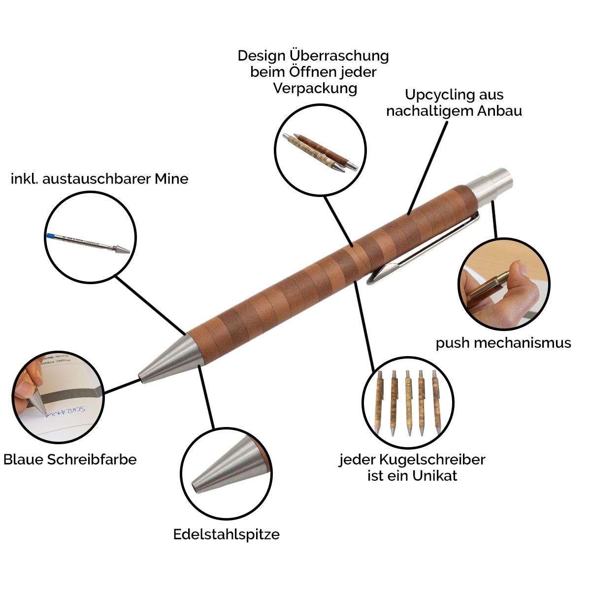 Unverwechselbarer Kugelschreiber 'Patchwork' aus verschiedensten Holzstücken im Streifenlook mit hochwertige Hülle