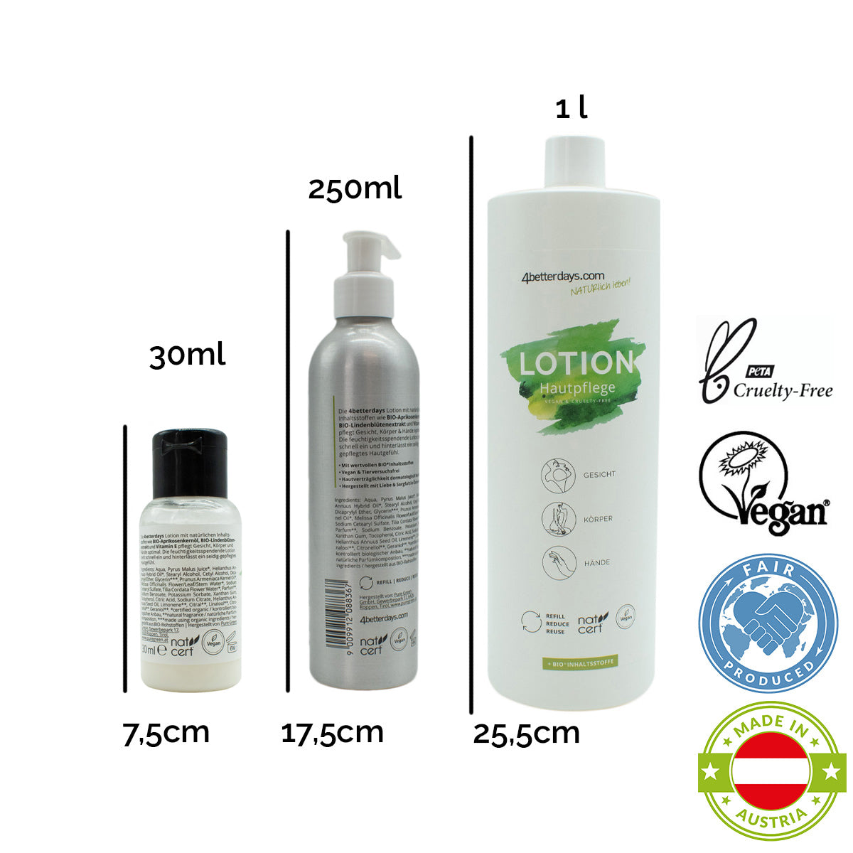 Pflege-Set natürliche Lotion | 30 ml + 250 ml + 1 L | 3-teilig | für Körper, Gesicht & Hand | Refill-Hautpflege | für Groß und Klein | für Bad und Beauty Bag | Made in Austria