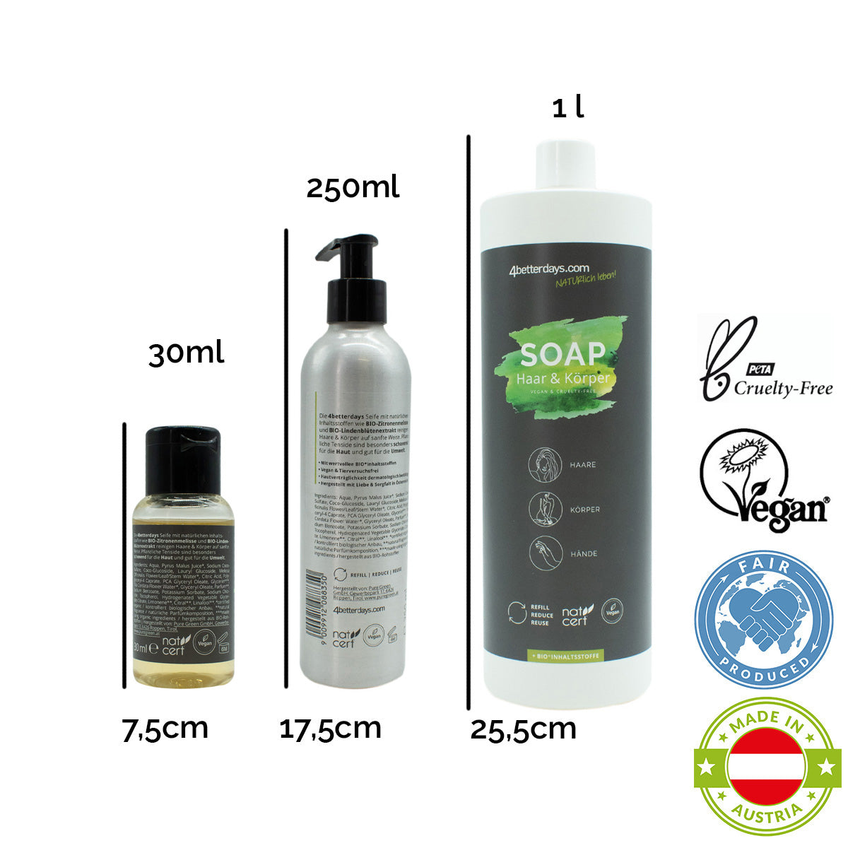 Pflege-Set  natürliche Seifen | 30 ml + 250 ml + 1 L | 3-teilig | für Körper, Haar & Hand | Refill-Hautpflege | für Groß und Klein | für Bad und Beauty Bag | Made in Austria