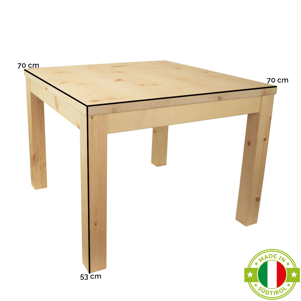 Kinder Sitzgruppe ‘Sweetheart’ | Zirbenholz roh | 1 Tisch L 70 x B 70 x H 63 und 4 Stühle B 30 x T 28 x H 63 cm | Made in Südtirol