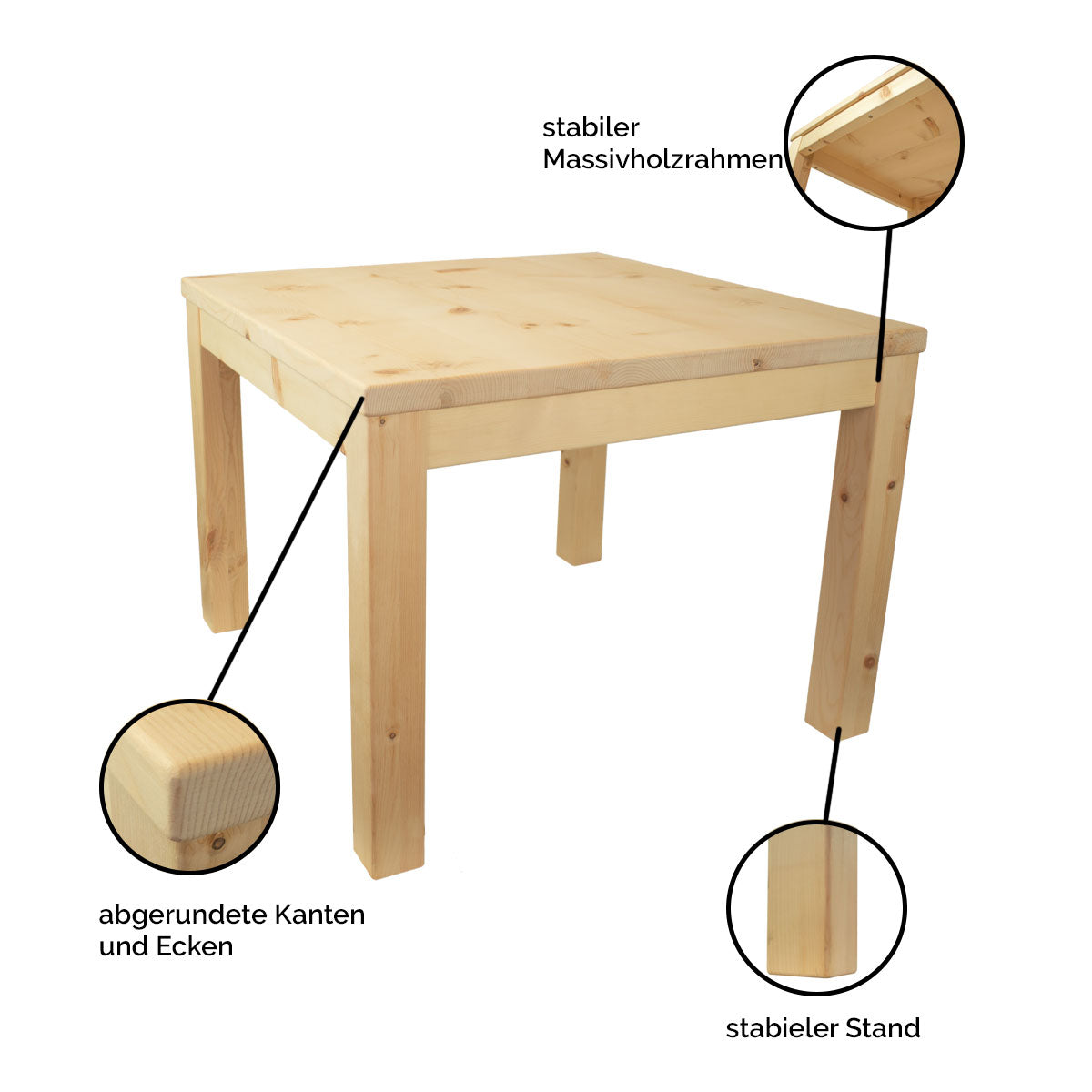 Kinder Sitzgruppe ‘Sweetheart’ | Zirbenholz roh | 1 Tisch L 70 x B 70 x H 63 und 4 Stühle B 30 x T 28 x H 63 cm | Made in Südtirol
