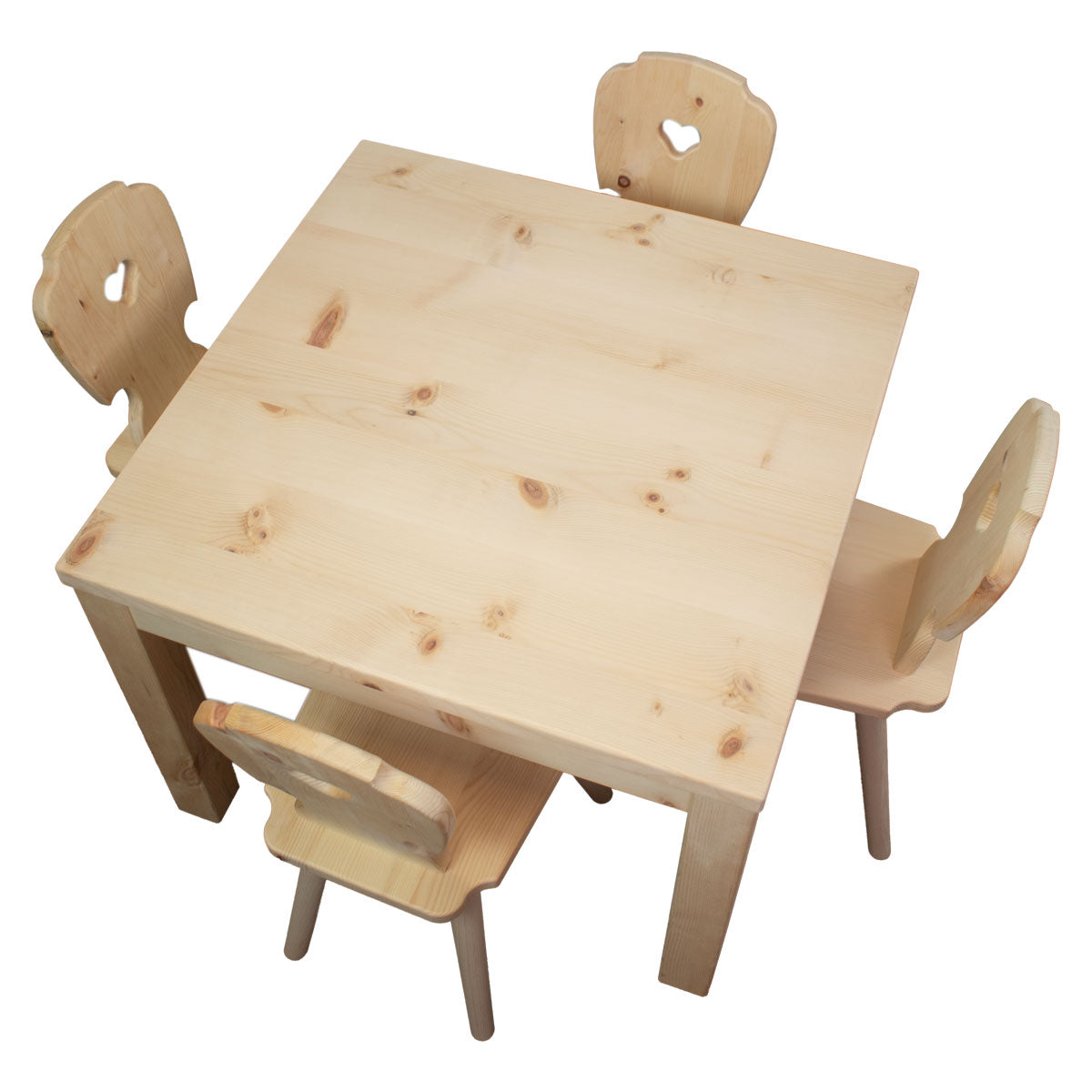 Kinder Sitzgruppe ‘Sweetheart’ | Zirbenholz roh | 1 Tisch L 70 x B 70 x H 63 und 4 Stühle B 30 x T 28 x H 63 cm | Made in Südtirol