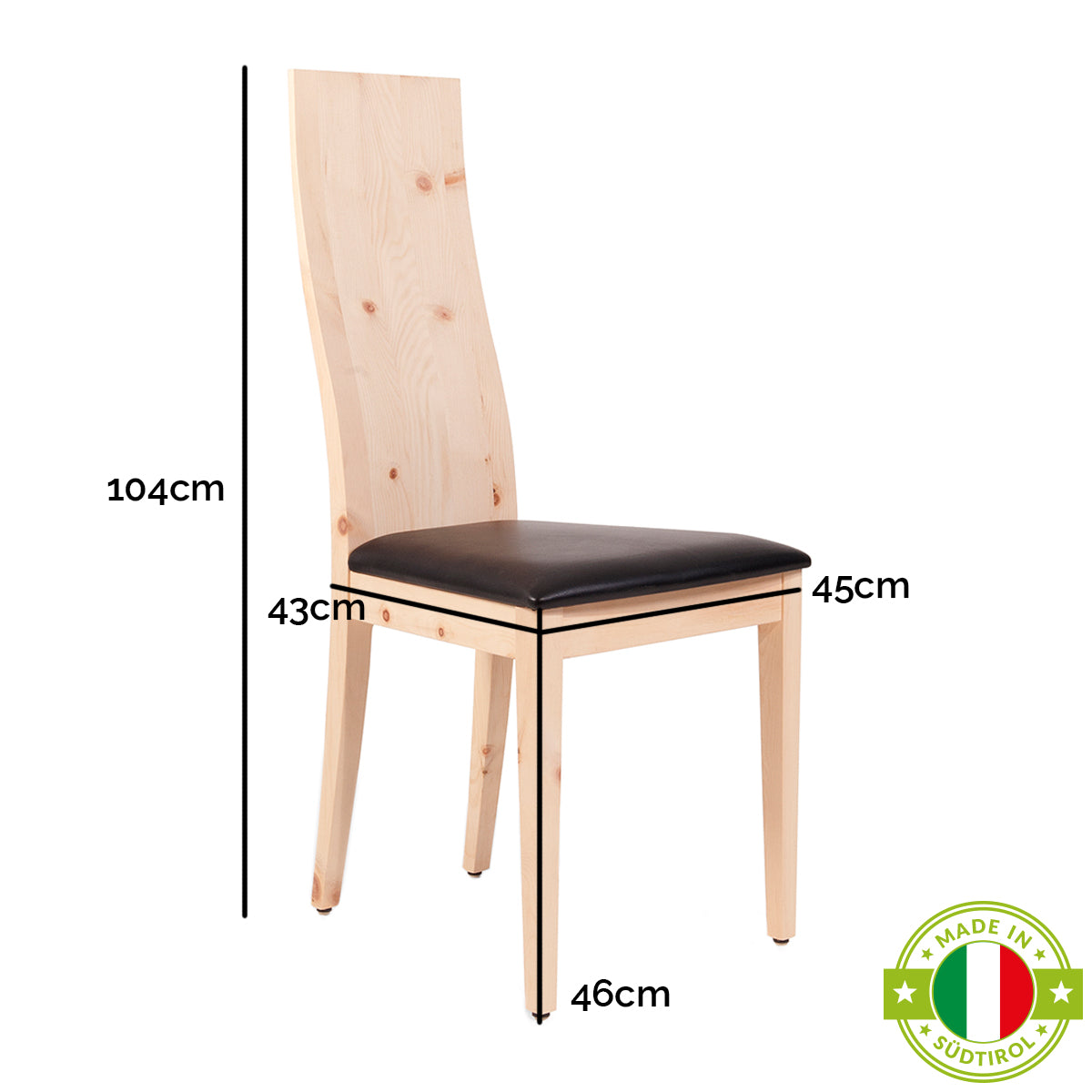 Eleganter Stuhl 'Sitwell Classic' | B 45 x T 43 x H 104 cm | in Zirbe, Eiche oder Nuss | hergestellt in Südtirol