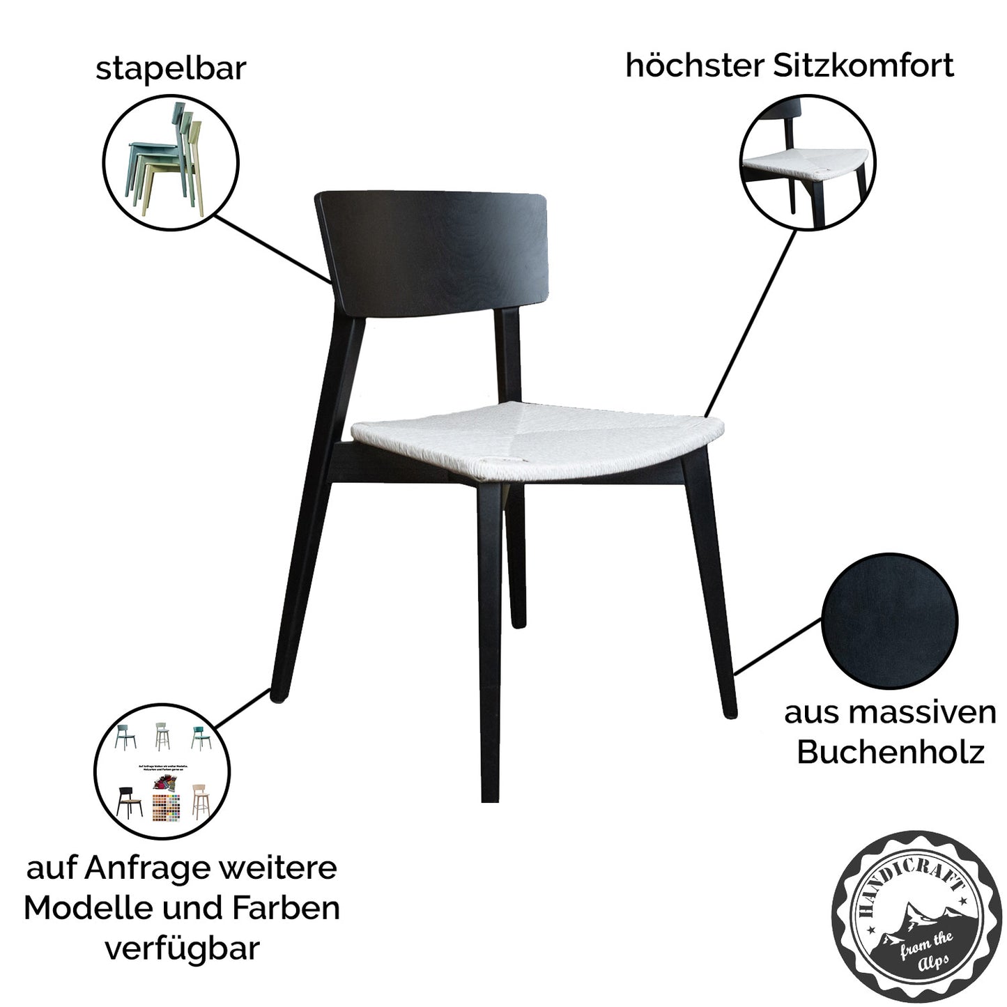 Stapelstuhl 'Tina' | 2er-Set | aus massiver Buche | 2er-Set | Strohsitzfläche | Handwerk aus Südtirol