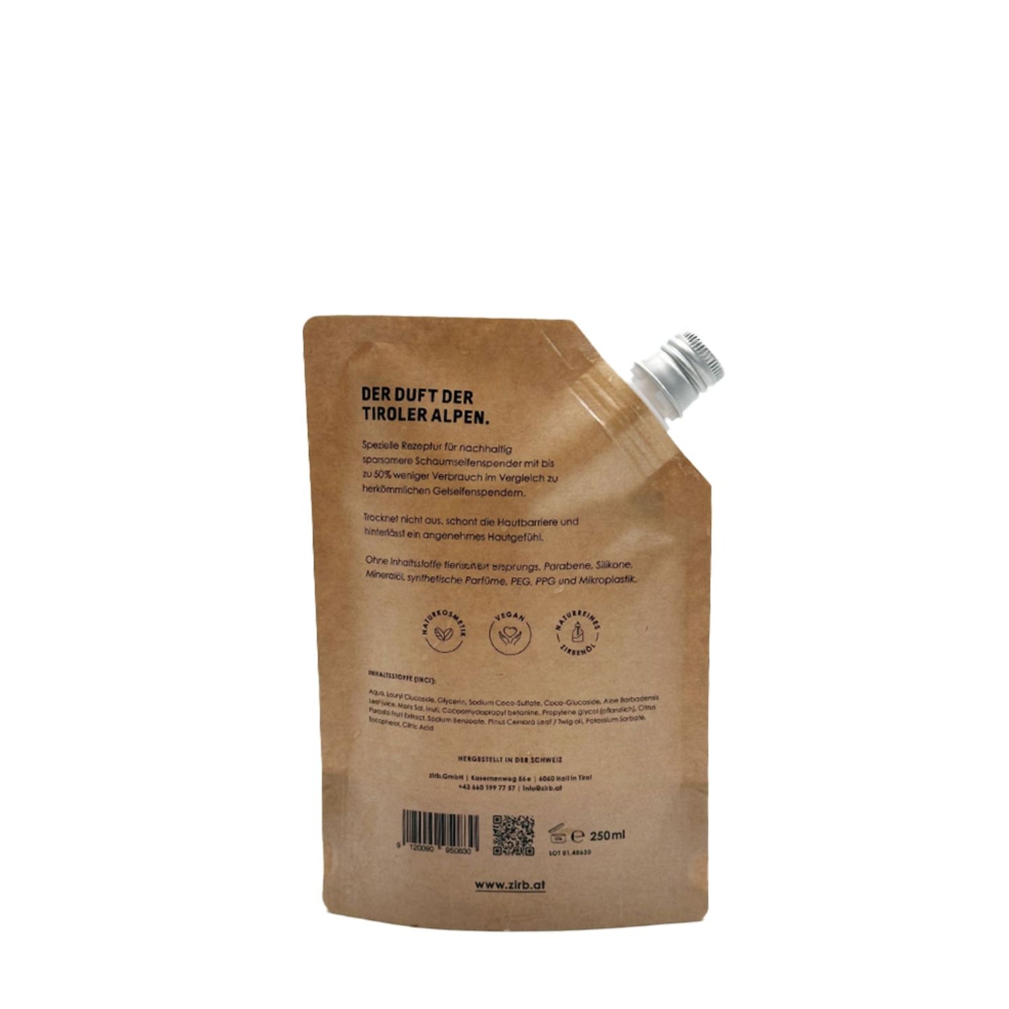 Naturseife 'Klassik' | Seifenspender 'Schaum' | 250 ml | naturreines Zirbenöl | vegan | verschiedene Ausführungen | Made in Austria