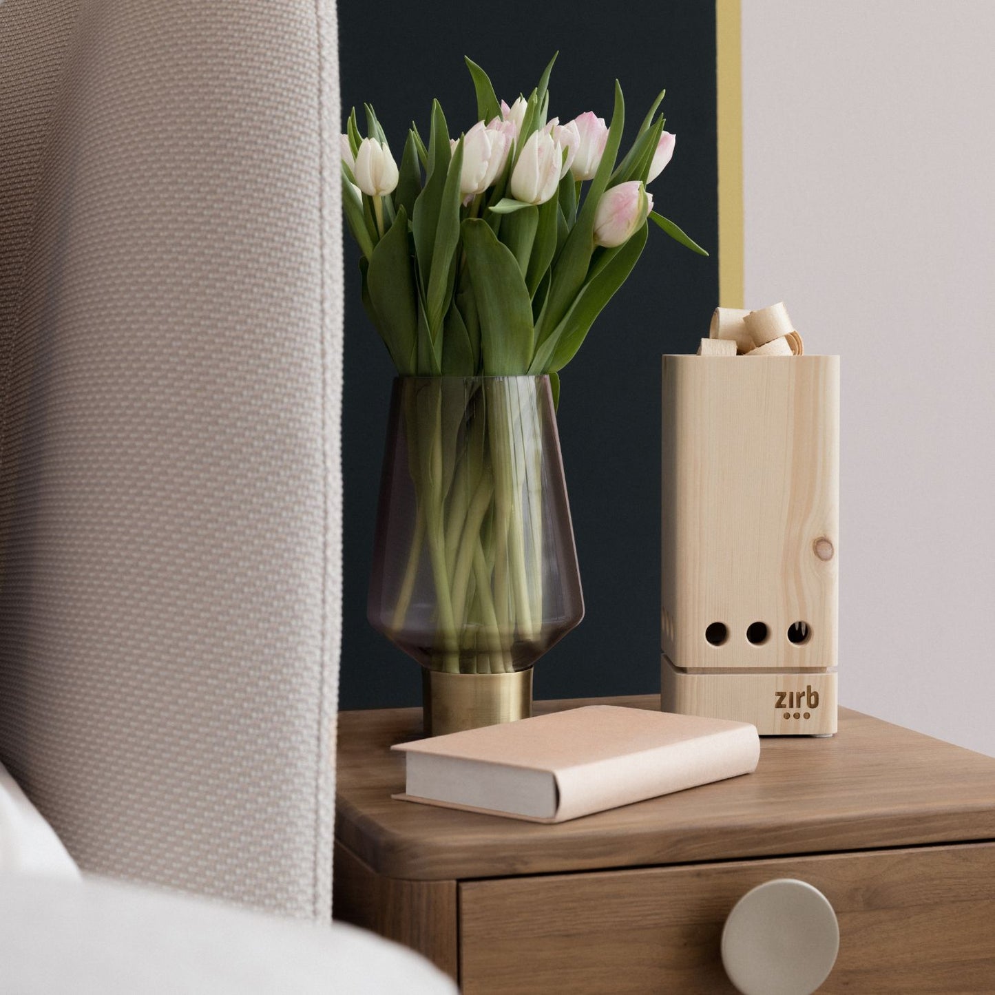 Raumlüfter 'Lüfterl' | 2 x Essenz-ÖL 30 ml | Zirbenlocken 120 g | L 12 x B 12 x H 26 cm | bis 12 m² | Zirbenholz | Netzstecke inkl. Kabel | Made in Austria