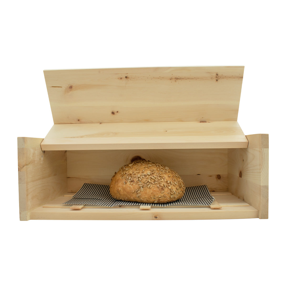 Brotkasten aus Zirbenholz für die perfekte Brotaufbewahrung, mit Holzgitter und Leinentuch. und einem Laib Brot