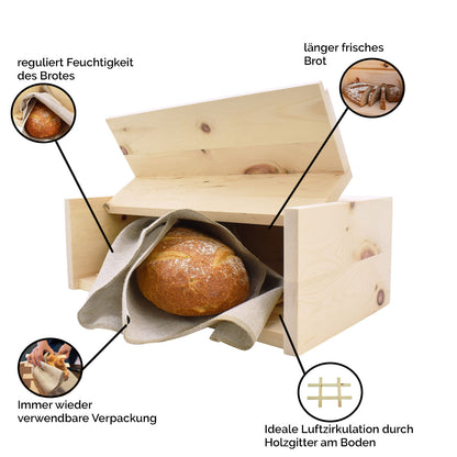 Brotkasten aus 100% Zirbenholz | Handwerk aus Österreich 45 x 16 x 25 cm  | inkl. Zirbenholz-Gitter & Bäckerleinen