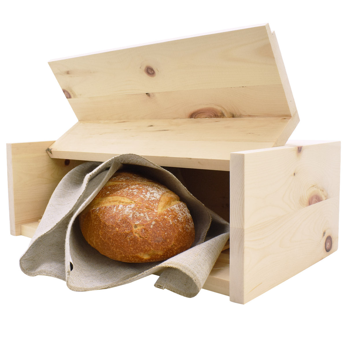 Brotbox aus Zirbenholz für die perfekte Brotaufbewahrung, mit Holzgitter und Brotlaib im Leinentuch.