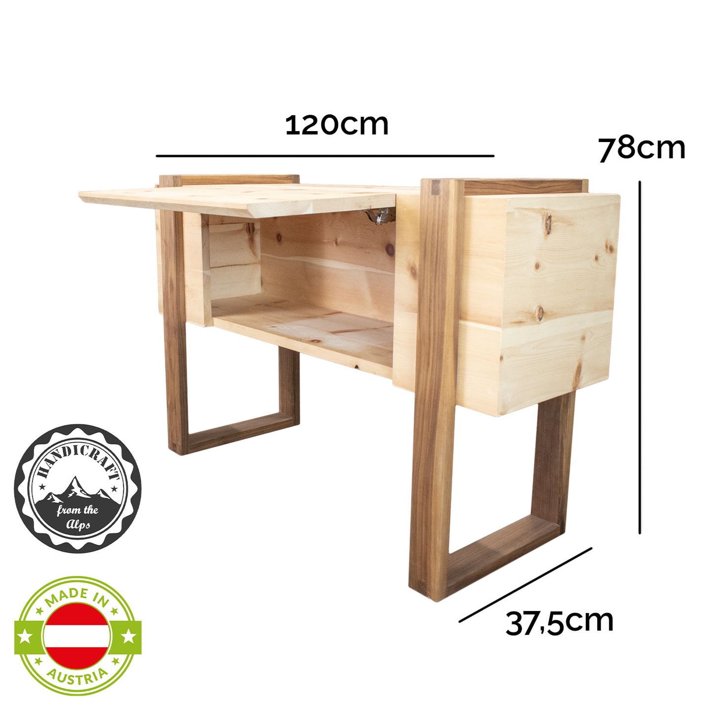 Sideboard 'Ahrn' | Zirbe roh | B 120 x T 37,5 x H 78 cm | Rahmen in Nuss | Made in Austria