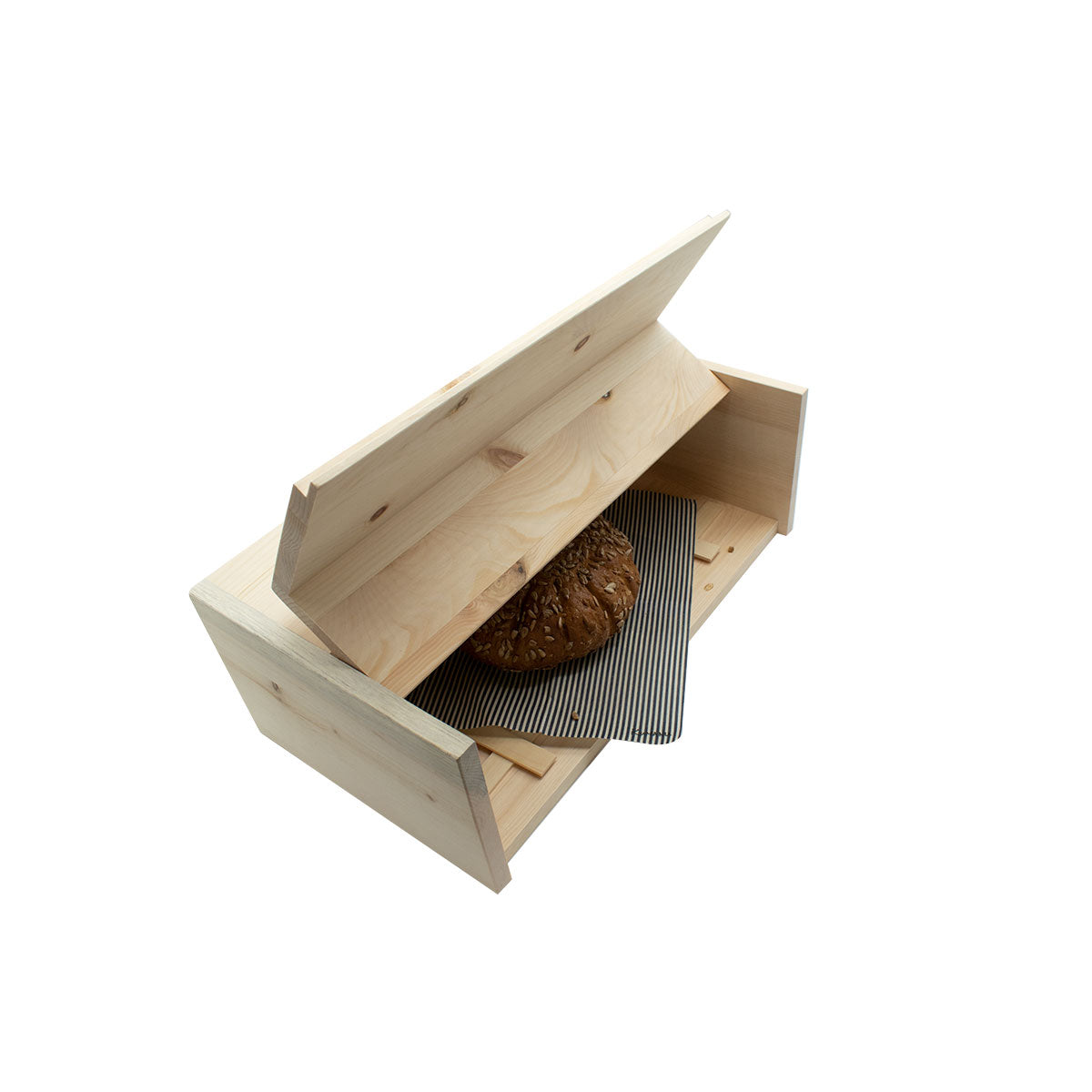 Seitenansich Brotkasten aus Zirbenholz mit Holzgitter und Leinentuch. und einem Laib Brot