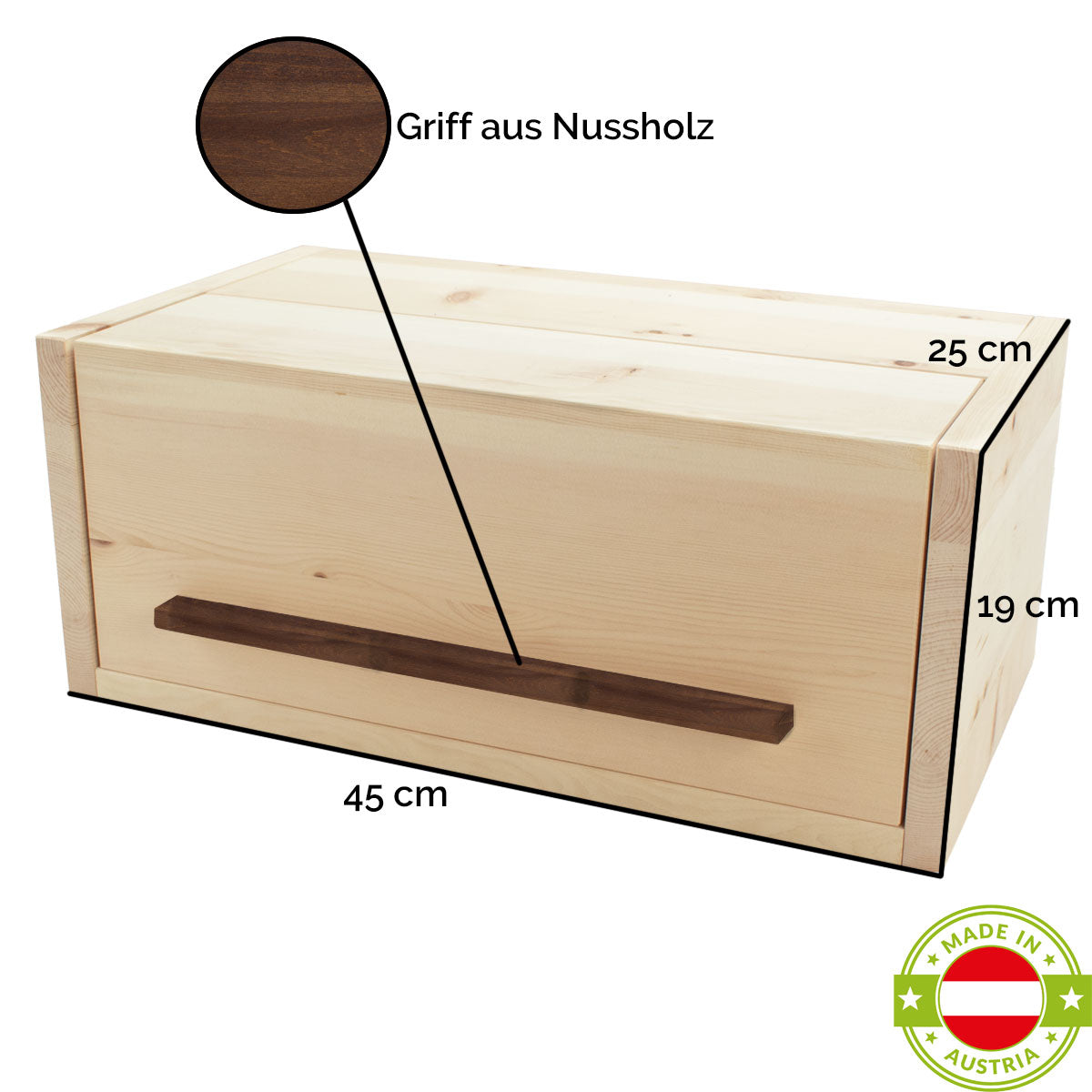 Brotbox aus Zirbenholz für die perfekte Brotaufbewahrung, mit Nussholz Griff. Maße L 45cm B 25cm H 19cm