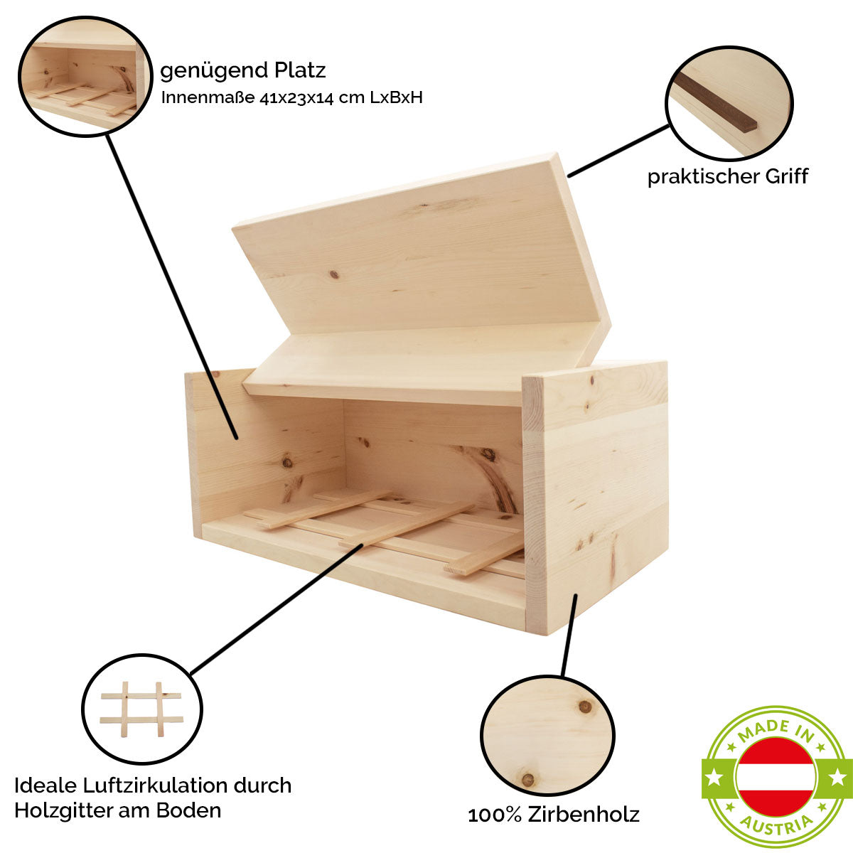 geöffneter Brotbox aus Zirbenholz für die perfekte Brotaufbewahrung, mit Nussholz Griff.