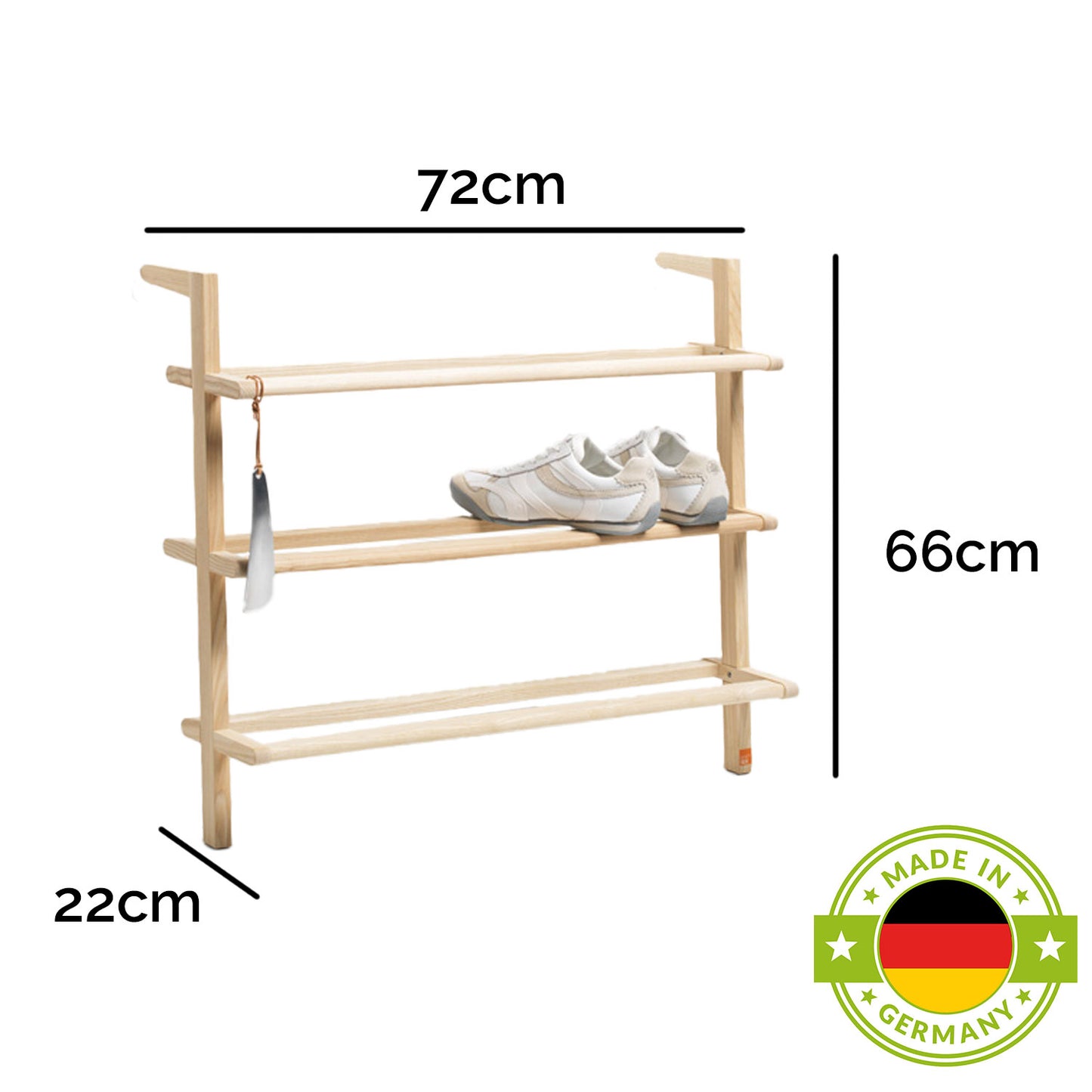 Schuhregal 'Gaston' | Esche roh | B 72 x T 22 x H 66 cm | keine Befestigung notwendig | für mind. 9 Schuhpaare | Made in Germany