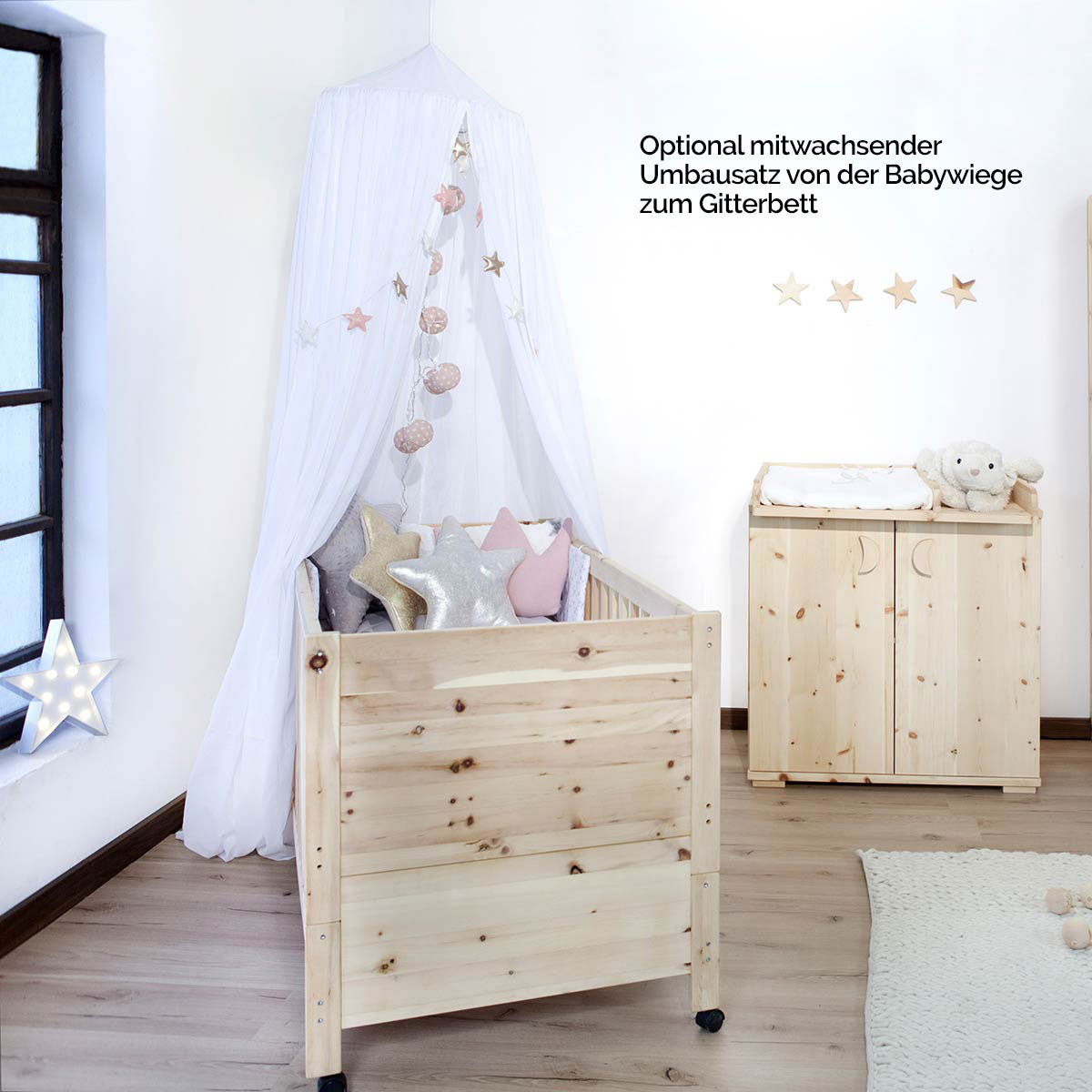 Mitwachsende Babywiege 'Sweet Sleep' | aus Zirbenholz | L 84 x B 60 x H 86 cm | flexibel erweiterbar | Handarbeit aus Deutschland