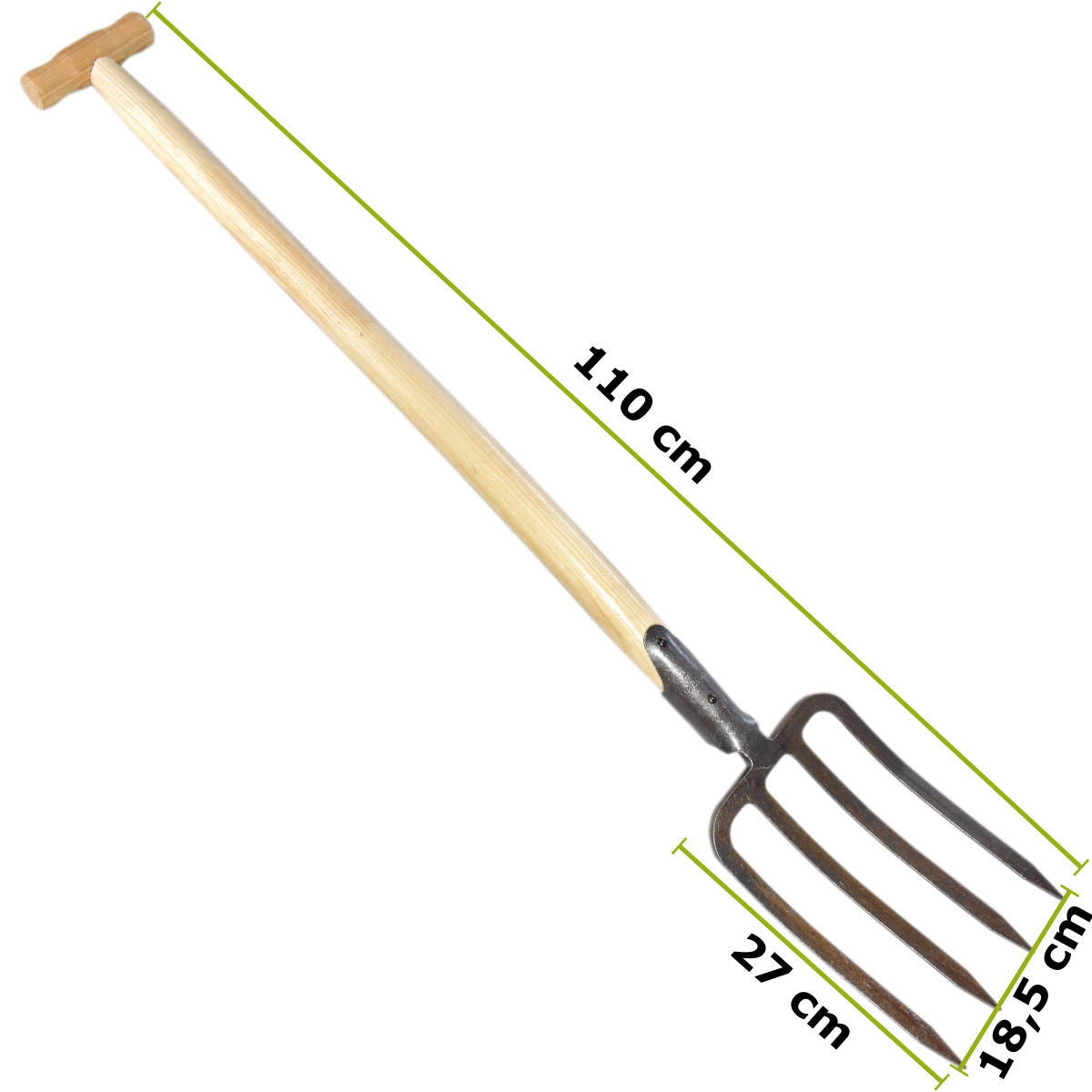 Spatengabel mit 4 Bajonettzinken | 1,8 kg | 80 cm T-Stiel aus Eschenholz | im Feuer gehärteter Stahl | 100% Handgeschmiedet in Deutschland