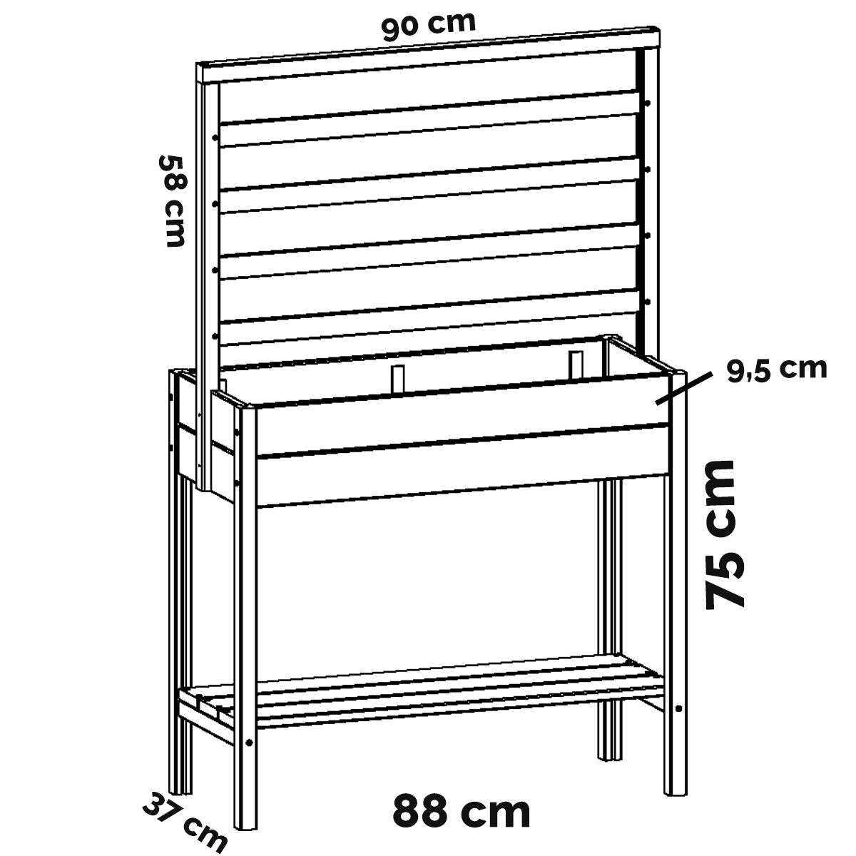 Minihochbeet | Massive Kiefer & Fichte |  mit oder ohne Spalier 58 cm | L 88 x B 37 x H 79 cm | 40 Liter | Manufactured in Europe