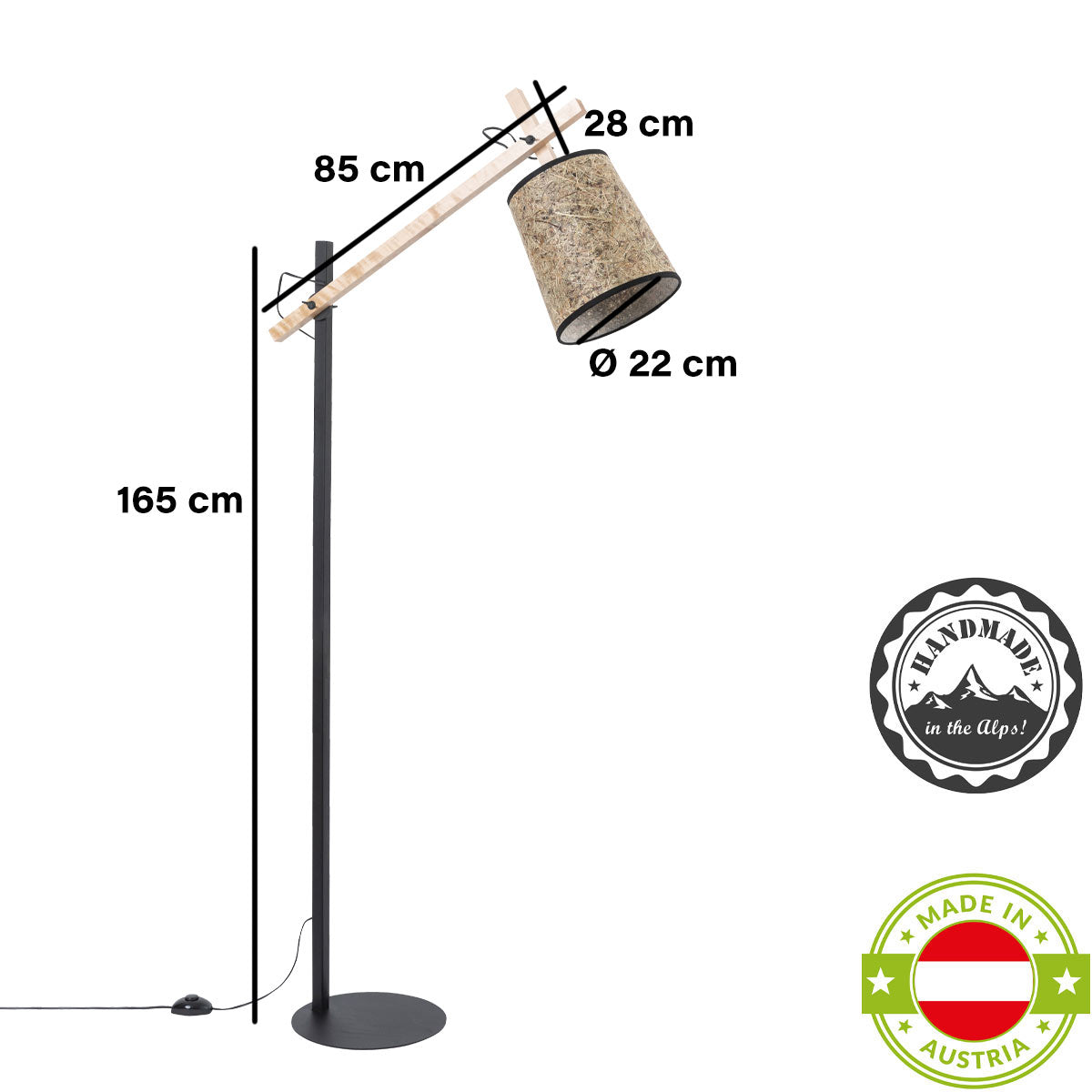 Stehleseleuchte Heu und Holz-Metallfuß konisch 22 cm DM – Handarbeit aus Österreich