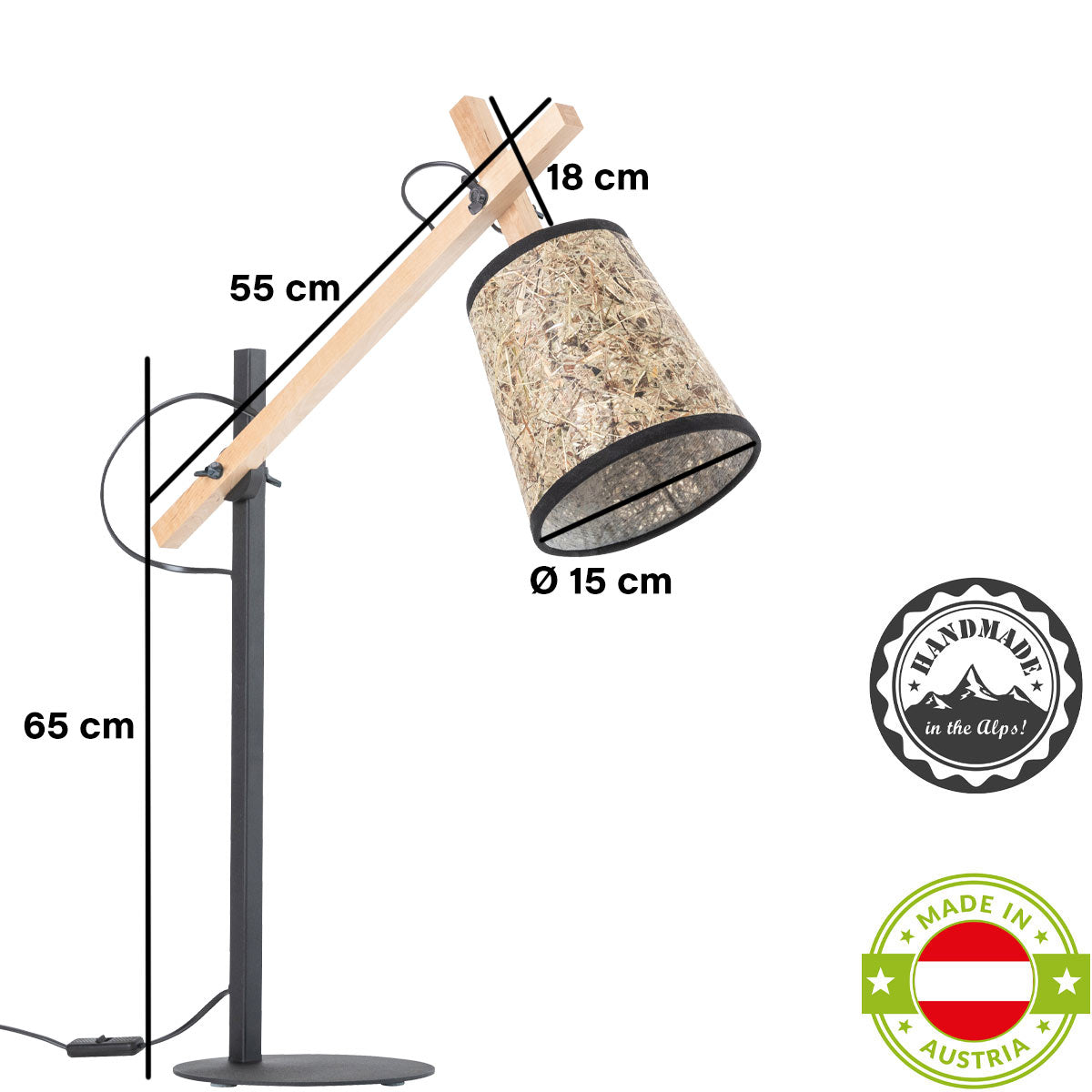 Tischleseleuchte Heu und Holz-Metallfuß konisch 15 cm DM – Handarbeit aus Österreich