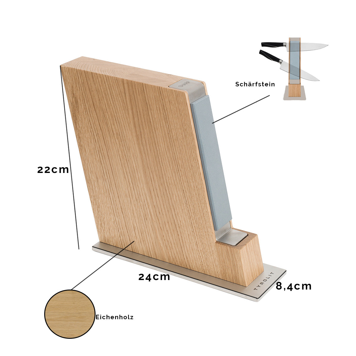 Hochwertiger Messerblock PLUS aus Eichenholz Sockel in silber