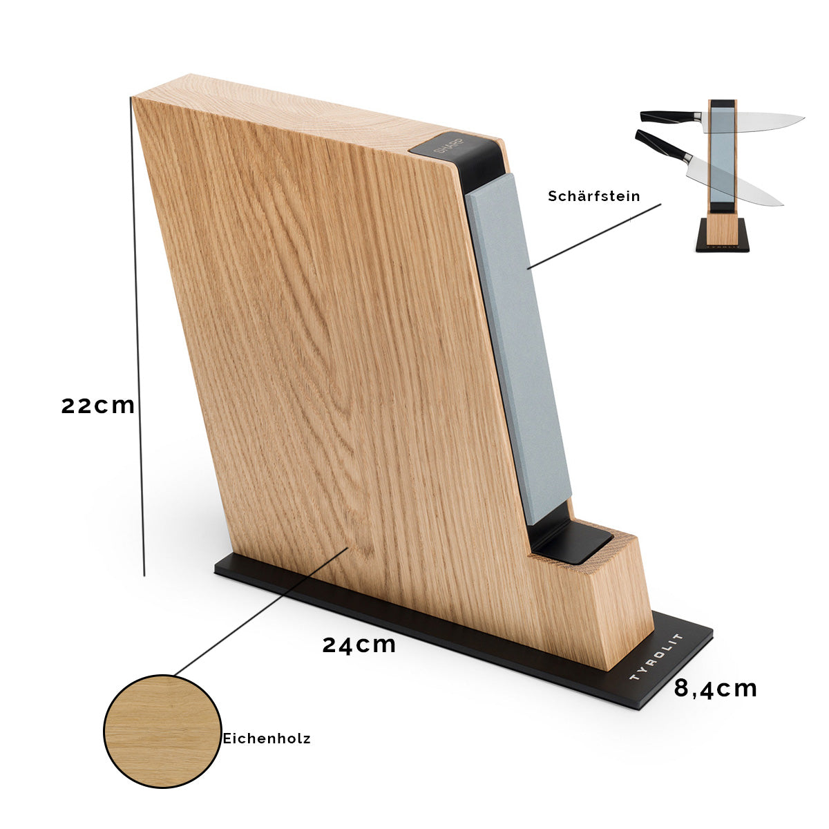Hochwertiger Messerblock 'PLUS' | aus Eichenholz | magnetisch | inklusive Schleifstein mit 2 Körnungen | L 24cm x B 8,4cm x H 22cm | Sockel in schwarz | Made in Austria