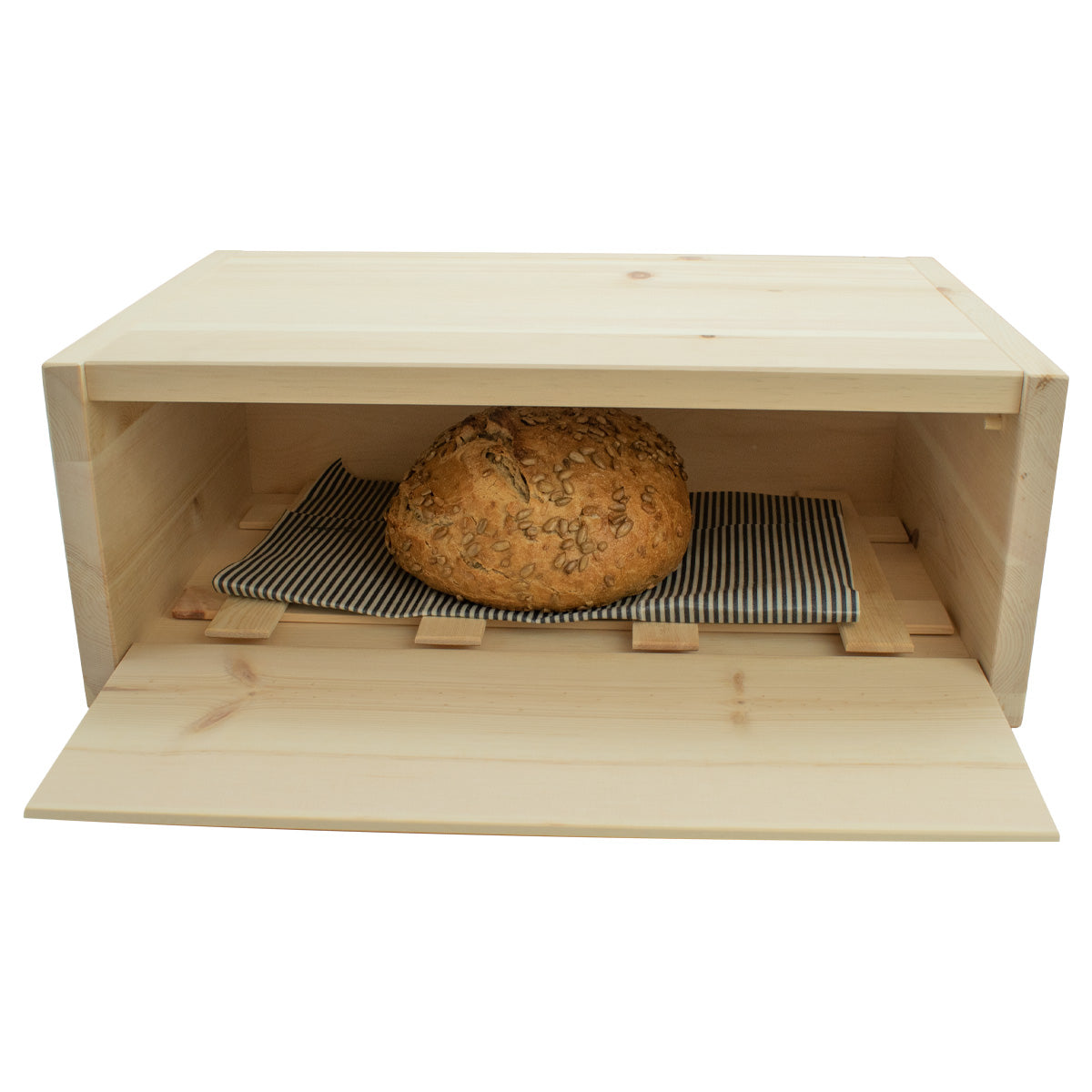 Brotkasten aus Zirbenholz, geöffnet mit Laib Brot und Leinentuch