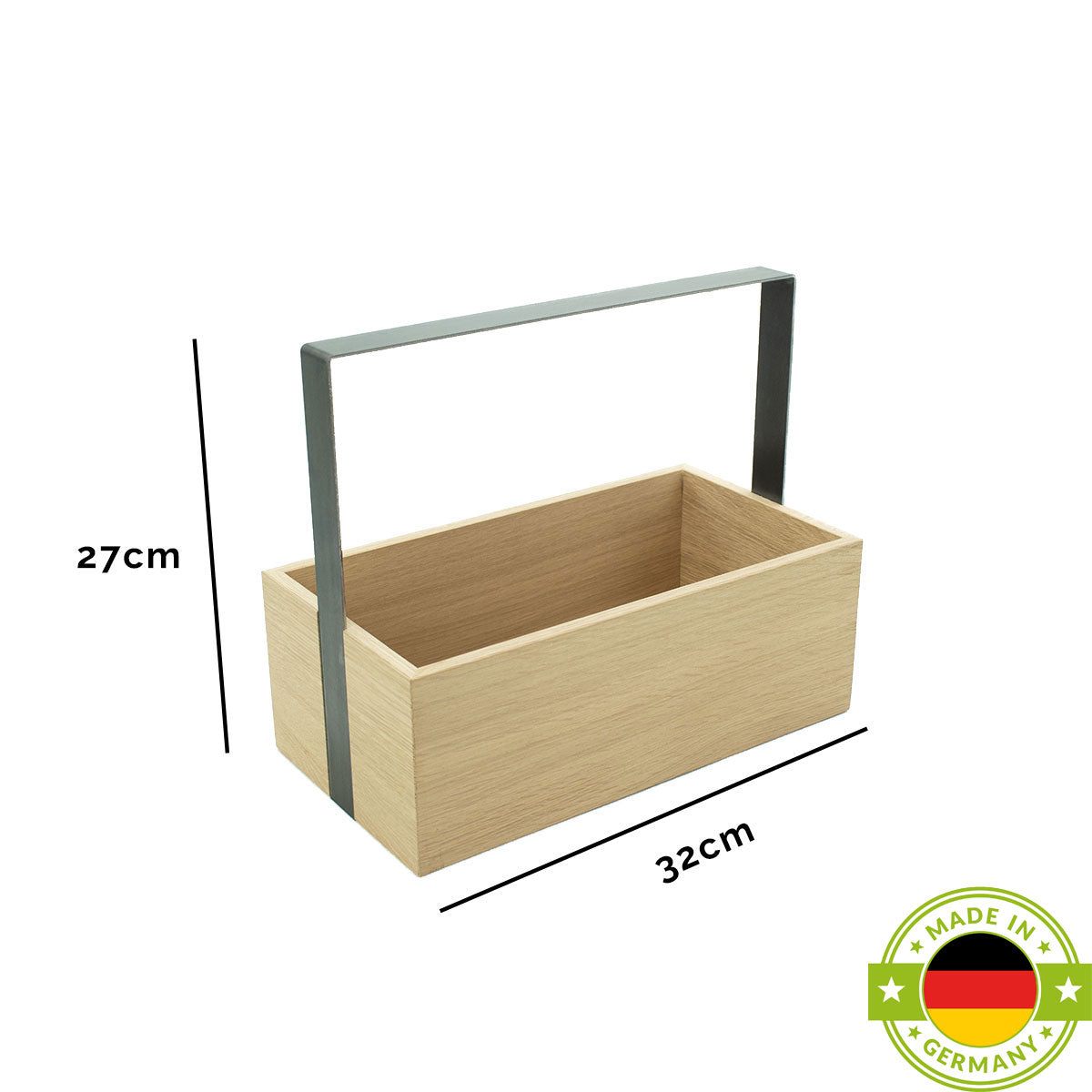 Tragebox für Flaschen und kleine Gegenstände | aus Eiche | in verschiedenen Farbtönen |Griff aus Schwarzstahl | B17 x L32 x H 27 cm